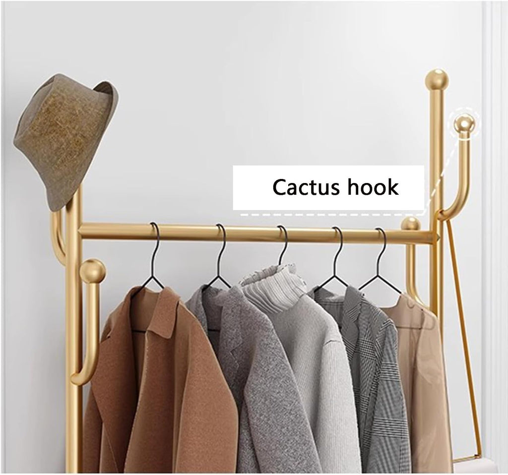 Heavy duty Garment rack Modern Golden Clothing Rack On Wheel, Freestanding Metal Coat Rack With Hooks And Shelves, Space-saving Coats Hanger Stand For Hanging Clothes, Bedroom Clothes Organizer ( 80X