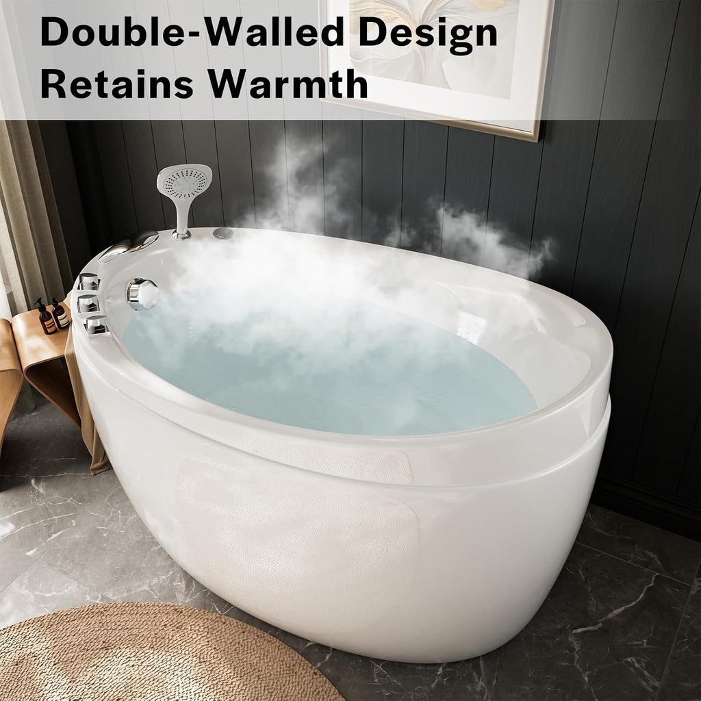 Empava Bathtub,59 Inch Soaking Tub with Chrome Faucet & Showerhead, Oval Deep Soak Acrylic bathtub with Integrated Seat, Japanese Style Design, Slip-Resistant Floor, Glossy White