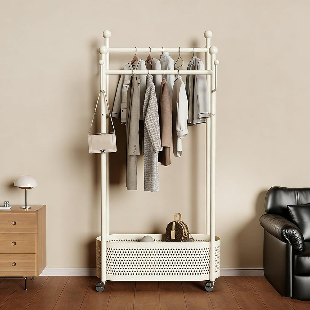 Rolling Metal Clothes Rack,Modern Garment Rack with Storage Basket – Double Rod Clothing Organizer on Wheels for Bedroom, Closet or Entryway – Coat Stand with Hooks(White,80cm(31.5in))