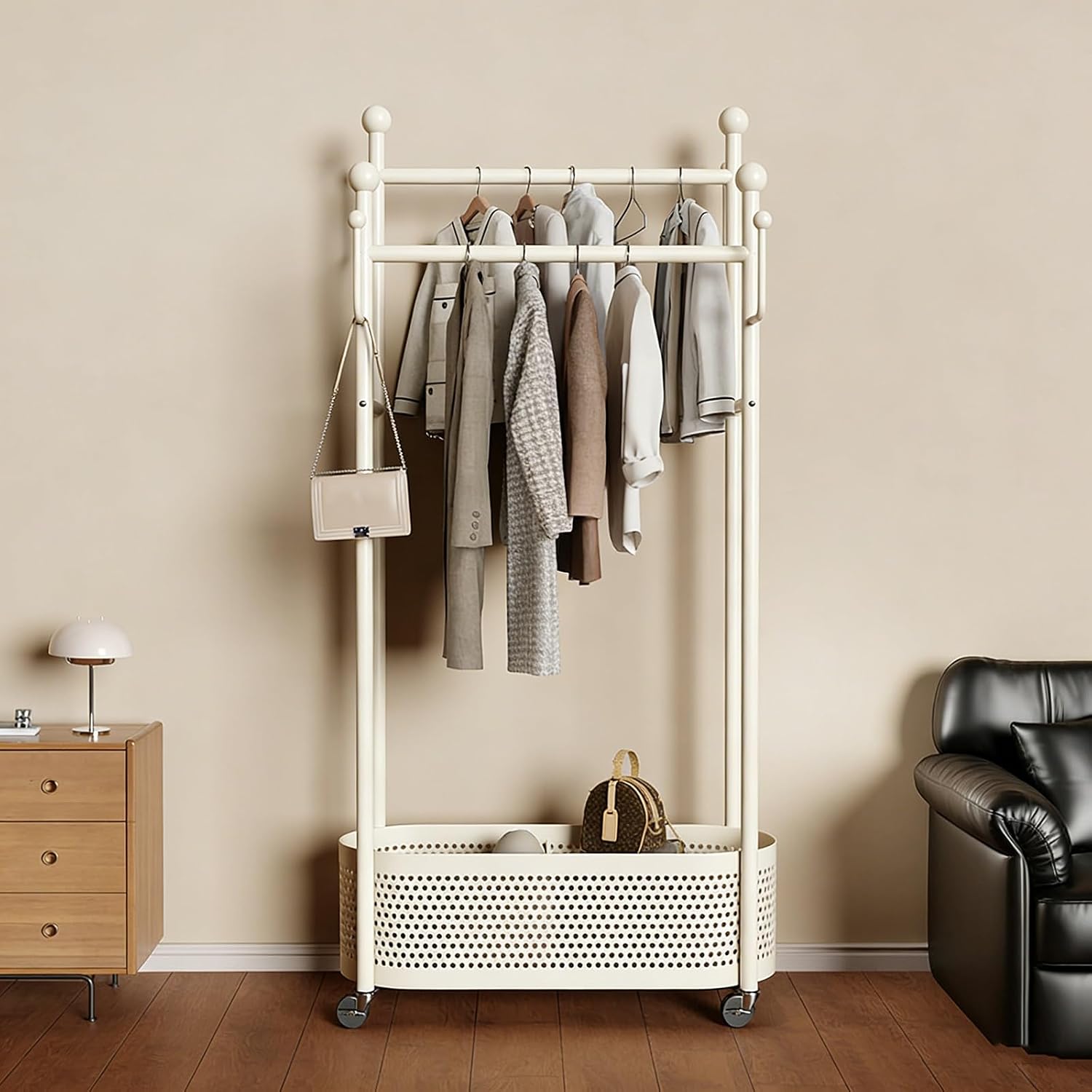 Rolling Metal Clothes Rack,Modern Garment Rack with Storage Basket – Double Rod Clothing Organizer on Wheels for Bedroom, Closet or Entryway – Coat Stand with Hooks(White,80cm(31.5in))