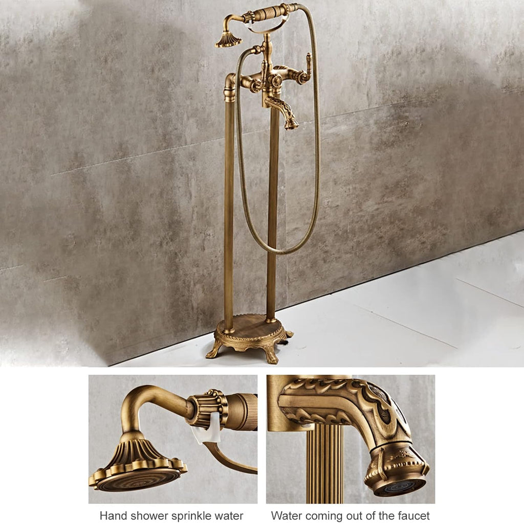 Floor Standing Bath Faucet, Brass Antique Freestanding Bath Filler with Single Handle Handheld Shower Faucet and High Flow Rotary Spout Mixer Faucet(Brass B)