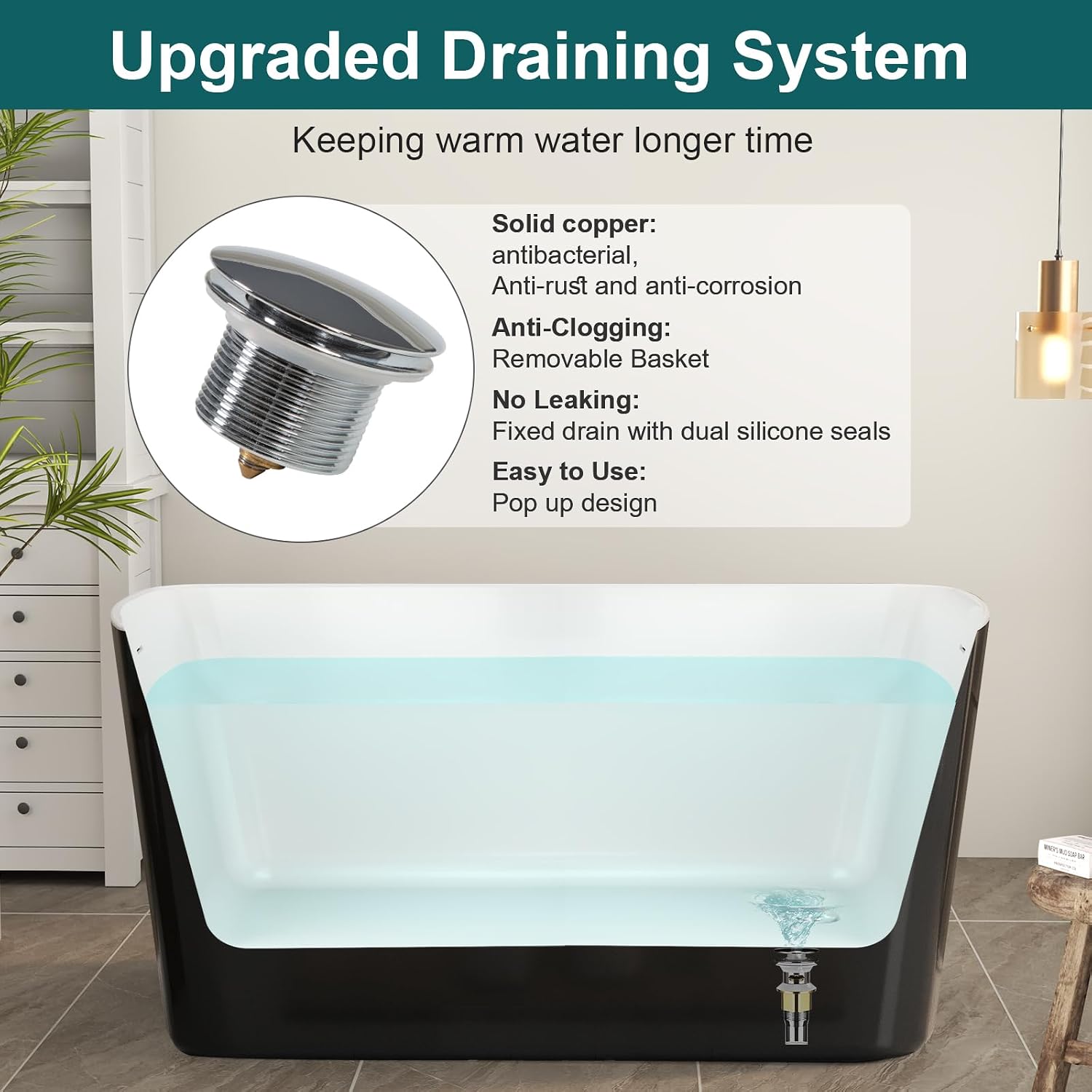 Zevemomo 49' Acrylic Freestanding Bathtub, Modern Deep Soaking Tub with Brushed Nickel Overflow and Drain, cUPC Certified Free Standing Tub, Black