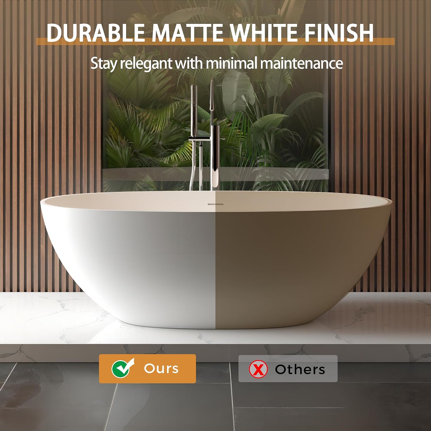 65' Freestanding Solid Surface Bathtub - Luxury Handcrafted Stone Resin Soaking Tub with Overflow, Pop-up Drain & Matte White Finish for Spa-Like Relaxation