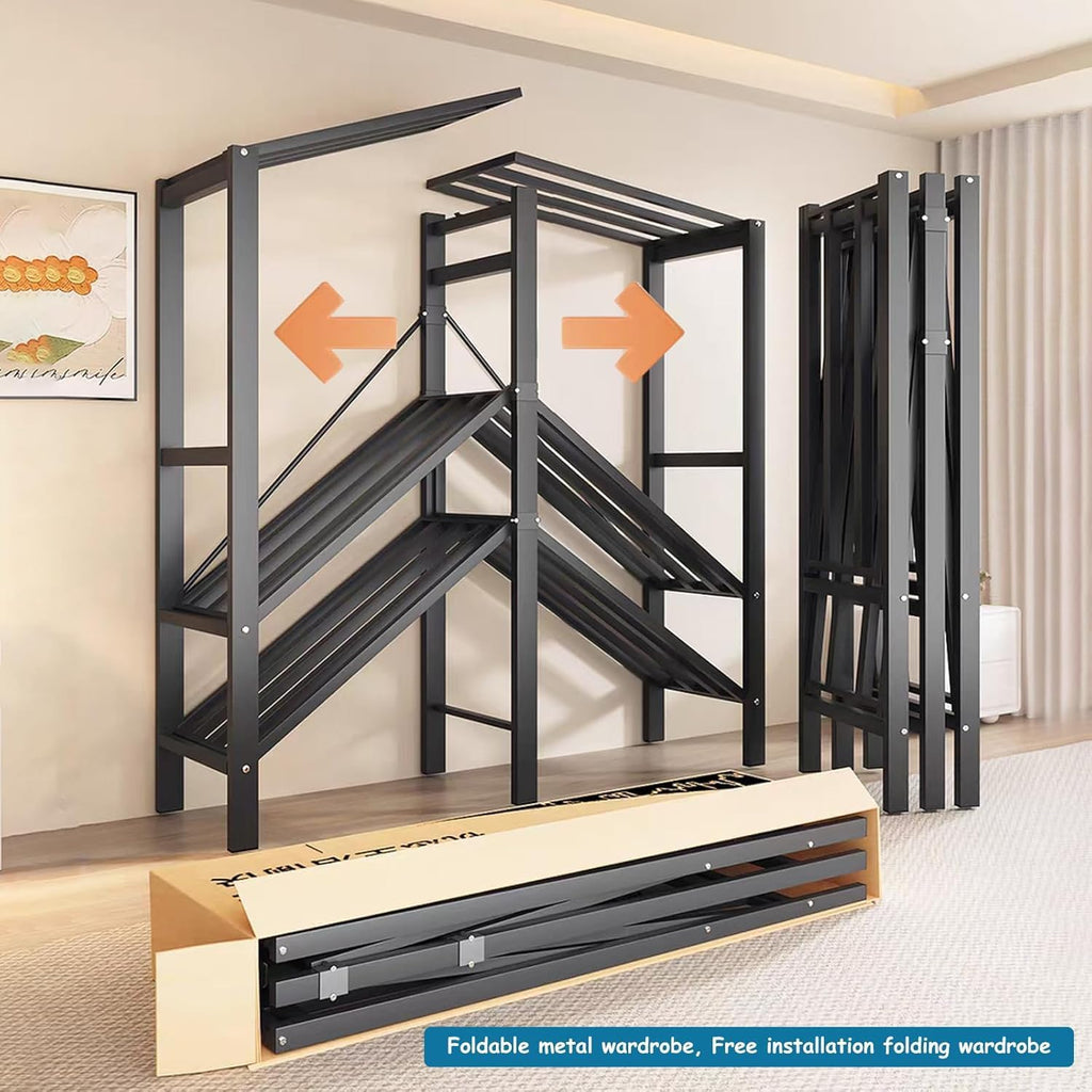Heavy Duty Covered Clothes Rack with Magnetic Door Foldable Portable Wardrobe Closet for Hanging Clothing Rolling Black Metal Garment Rack on Wheels Closet System (Brown, 65.9in)