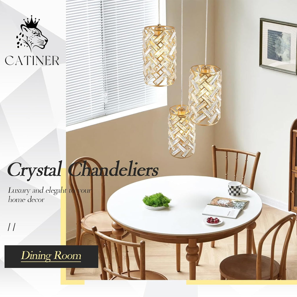 CATINER 3-Light Modern Gold Crystal Pendant Light Luxury Mini Chandelier, Adjustable Cluster Pendant Lighting for Kitchen Island Dinning Room Bedroom Hallway Porch