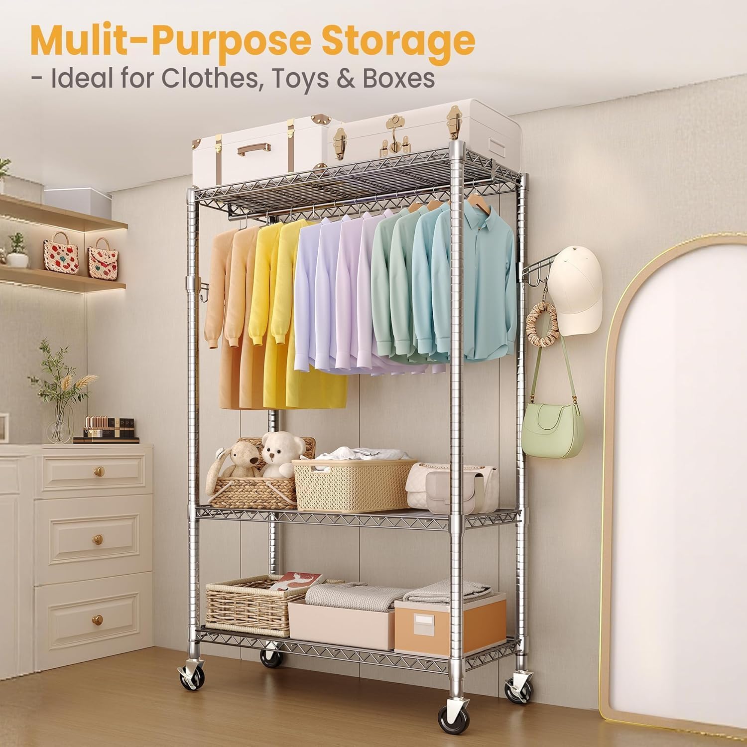 3-Tier Rolling Garment Rack, Heavy Duty Clothing Organizer with Adjustable Shelves & Dual Hanging Rods, Freestanding Metal Rack with Locking Casters for Bedroom, Closet, Dorm, Laundry Room - Silver