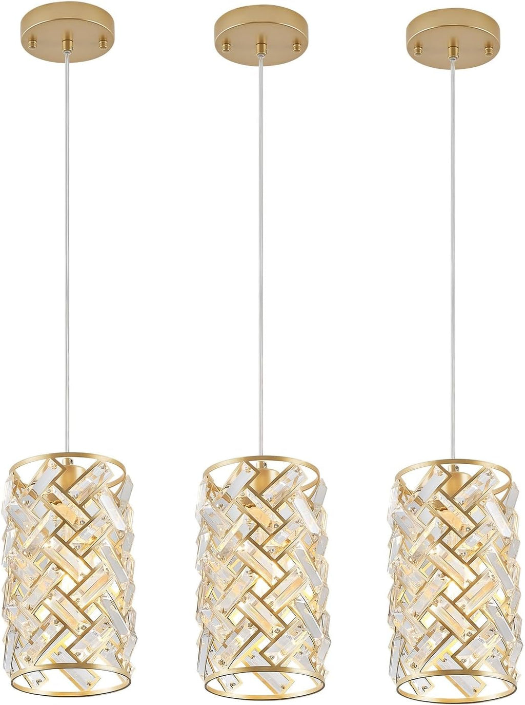 CATINER Modern Crystal Pendant Light Fixture 3-Pack Gold Finish Hanging Lighting Crystal Chandelier for Kitchen Island