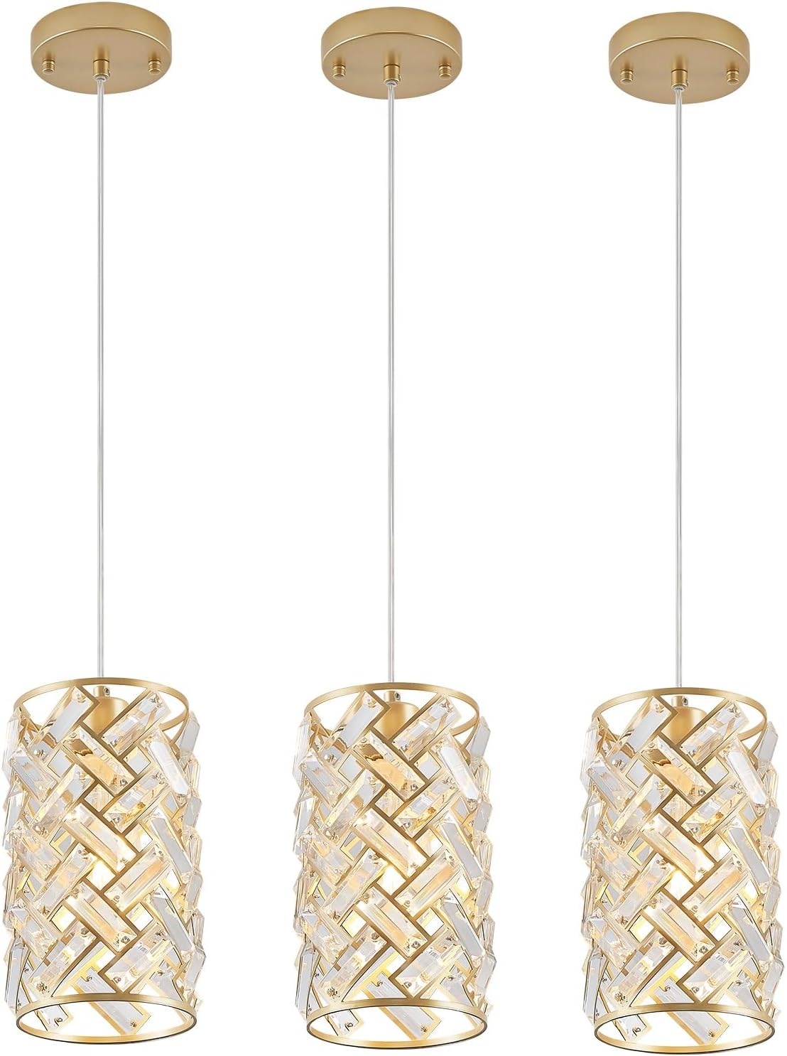 CATINER Modern Crystal Pendant Light Fixture 3-Pack Gold Finish Hanging Lighting Crystal Chandelier for Kitchen Island