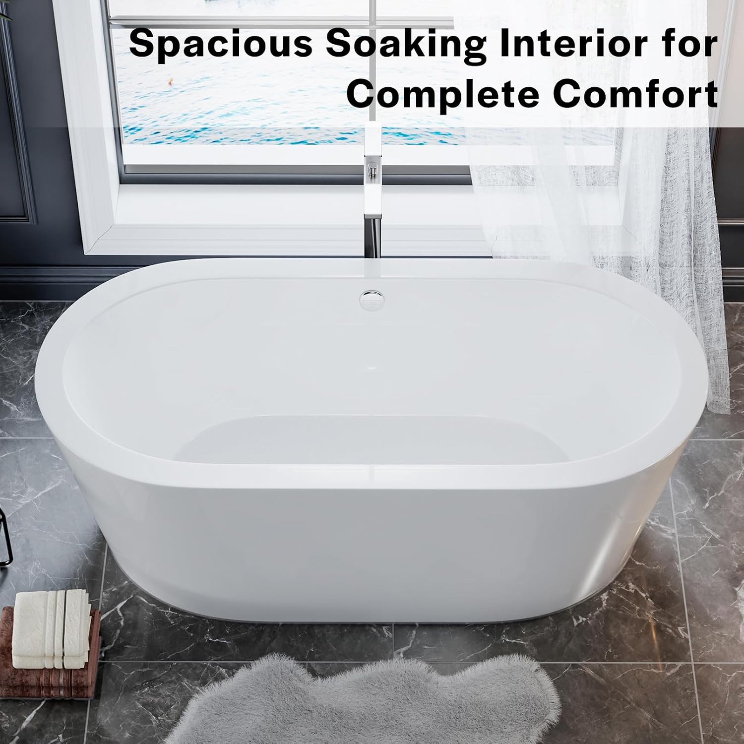 Empava Bathtub, 59' Soaking Tub, Acrylic Free Standing Tub with Center Drain and Overflow,Contemporary Design Bathtubs for Bathroom, cUPC Certified, Glossy White (Pack of 1)