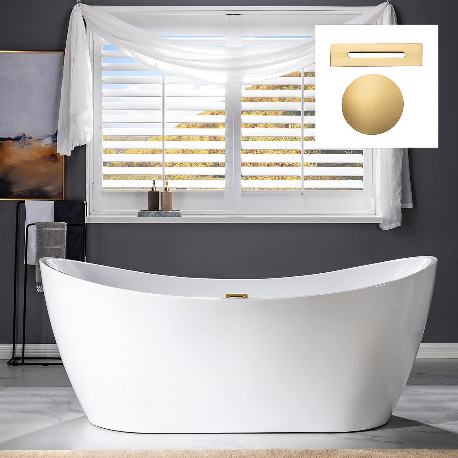 WOODBRIDGE 71' Acrylic Freestanding Bathtub Contemporary Soaking White Tub with Brushed Gold Overflow and Drain,B0017-BG