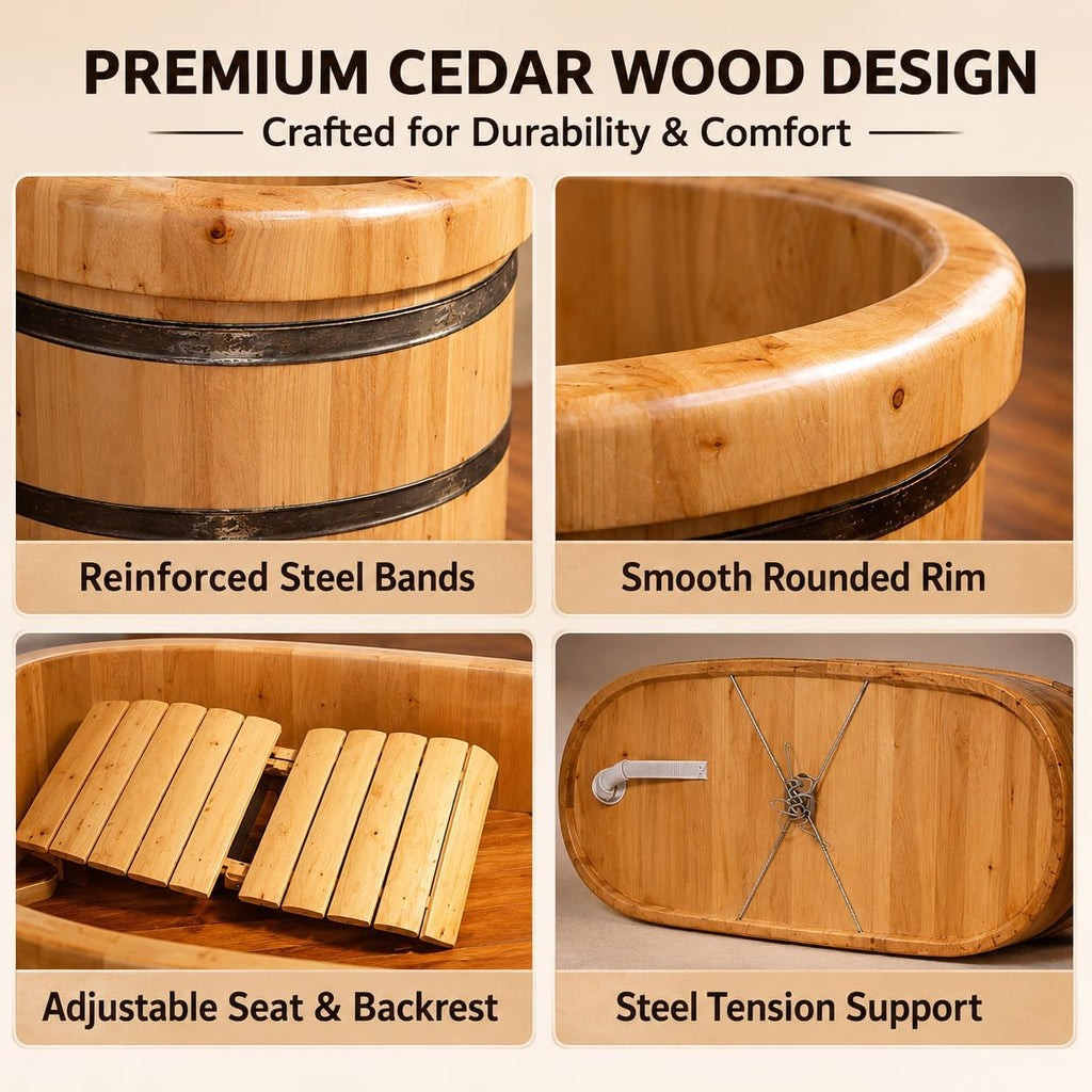 Premium Cedar Wood Freestanding Bath Tub, 51' 55' 59' Deep Soaking Tub with Solid Wood Construction & Drain Hose (59')
