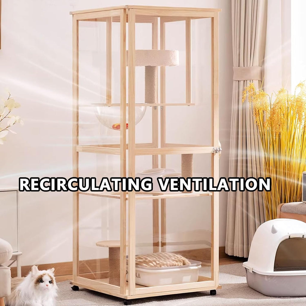 Cat Villa Wooden Cat Cage 4 Features Braked Casters and A Top Skylight Magnetic Cabinet Doors Suitable for 1-2 Cats Top Storage Space Cat Condo(90 * 60 * 95cm)