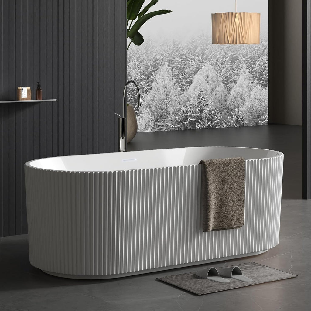 67' Acrylic Freestanding Soaking Bathtub, Matte Drain & Black Overflow, Contemporary Design Tub for Home Bathroom Renovations, Glossy White