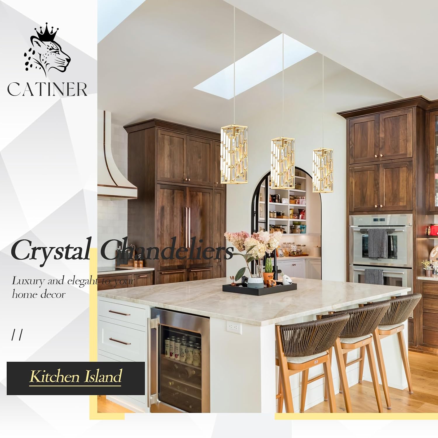 CATINER Gold Crystal Pendant Light 3 Pack, Mini Hanging Pendant Lighting Fixture with Adjustable Cord, Modern Gold Kitchen Island Pendant Lights for Dining Room, Bedroom, Hallway, E26 Base