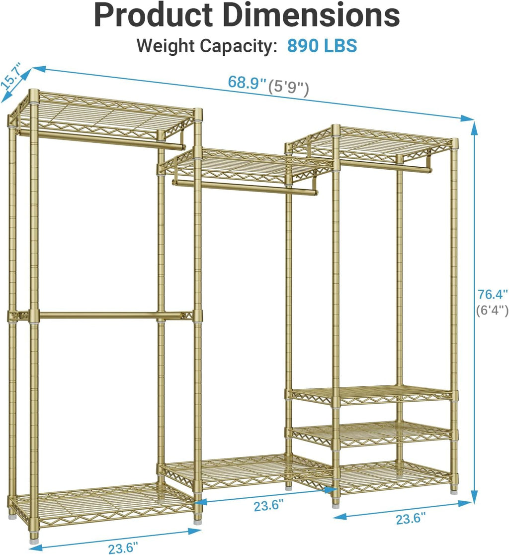 VIPEK V5 Portable Closet Wardrobe Heavy Duty Clothes Rack, Freestanding Metal Clothing Racks Custom Closet Racks with 8 Adjustable Shelves, 68.9' Lx15.7 Wx76.4 H, Max Load 890LBS, Gold