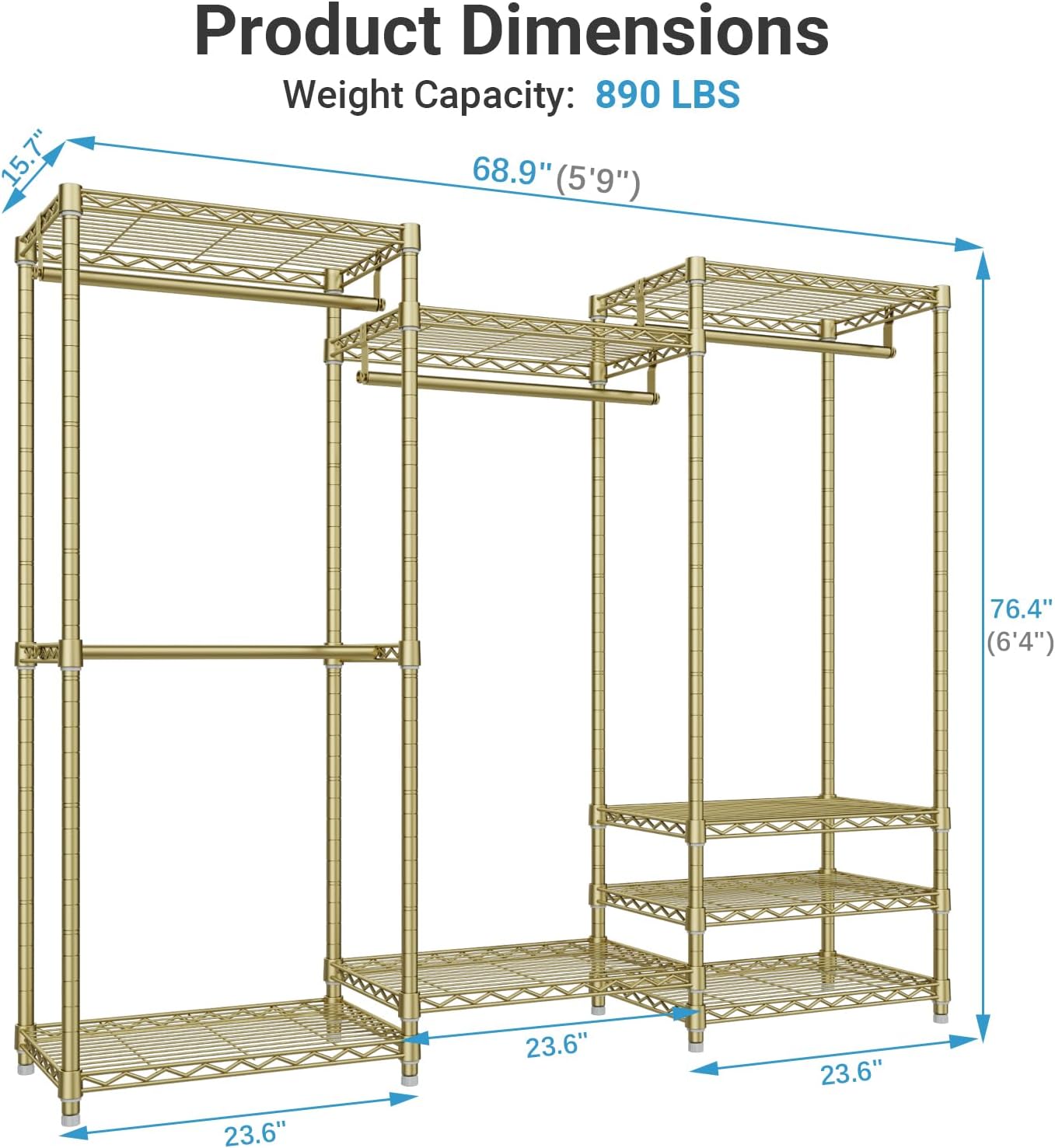 VIPEK V5 Portable Closet Wardrobe Heavy Duty Clothes Rack, Freestanding Metal Clothing Racks Custom Closet Racks with 8 Adjustable Shelves, 68.9' Lx15.7 Wx76.4 H, Max Load 890LBS, Gold