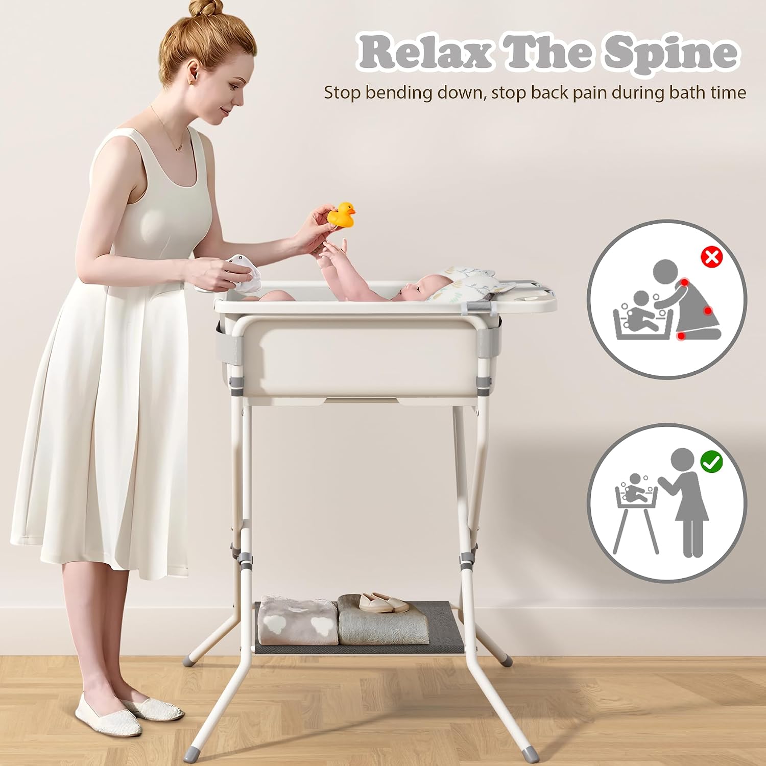 iNeibo Collapsible Baby Bathtub with Stand and Soft Infant Cushion - Suitable for 0-36 Months Toddlers - Back Pain Saving Design