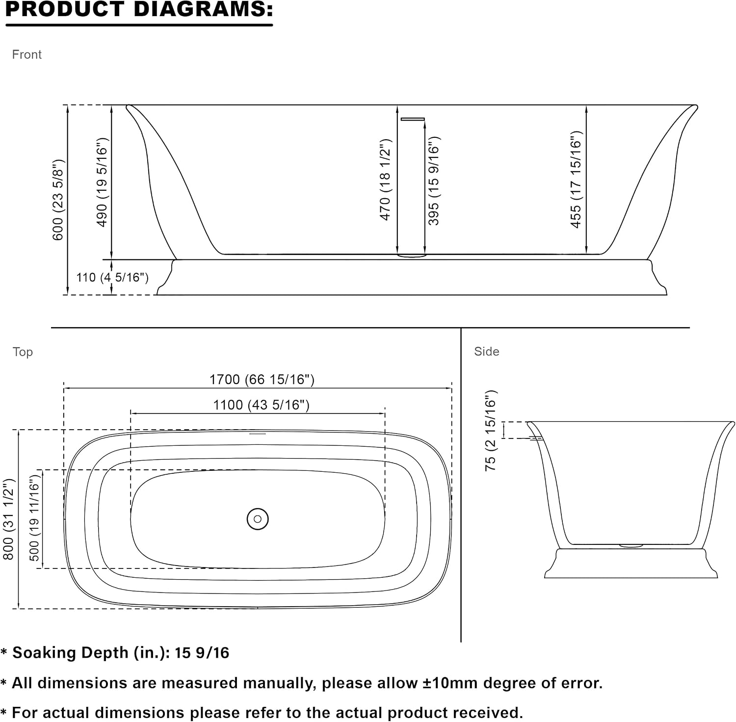 WELLFOR 67'Freestanding Acrylic Bathtub with Drain and Integrated Slotted Overflow, Glossy White 74 Gallons Capacity Soaking Bath Tub with Predrilled Overflow Holes, Soaking Bath Tub Oval Shape