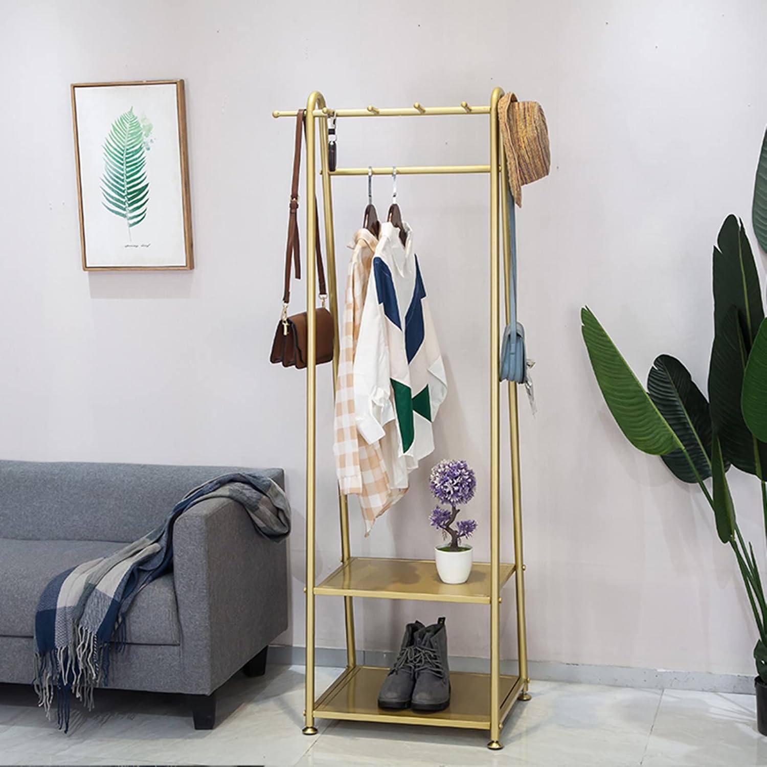Heavy duty Garment rack Multipurpose Clothing Rack With 4 Hooks And 2 Tier Shelves Freestanding Coat Rack For Bedrooms And Small Spaces Metal Clothes Rail And Clothes Organizer, Gold, 50x40x158CM