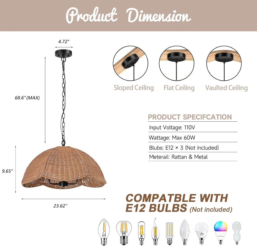 ocioc Rattan Pendant Lighting,23.6' Kitchen Island Hanging Light Fixtures,Large Boho Hand-Woven Chanderlier, E26 Farmhouse Retro Ceiling Chandelier 3-Lights for Dining Room Kitchen Island Living Room