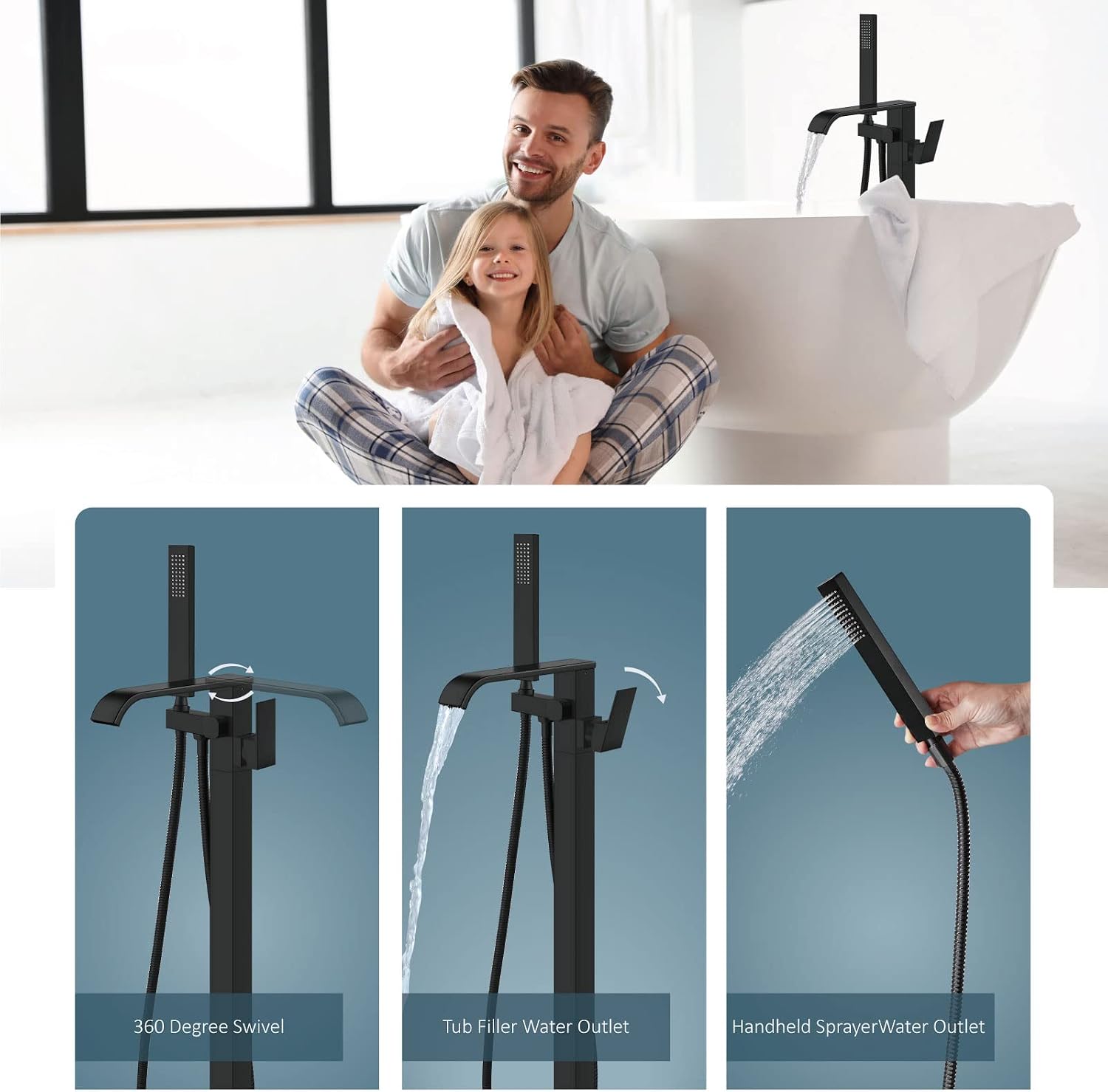 Aolemi Freestanding Bathtub Faucet Floor Mount Tub Filler with Handheld Spray Single Handle Free Standing Bathroom Faucets Swivel Curved Waterfall Spout Matte Black
