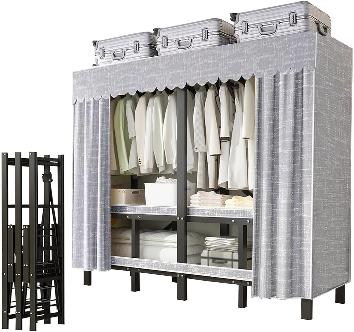 Wardrobe Clothes Organizer - Heavy Duty Metal Garment Rack With Fabric Cover And 2 Hanging Rods, Portable Foldable Wardrobe Closet, Fabric Wardrobe Closet, Load 1200 Lbs For Hanging Clothes(168cm/66.1