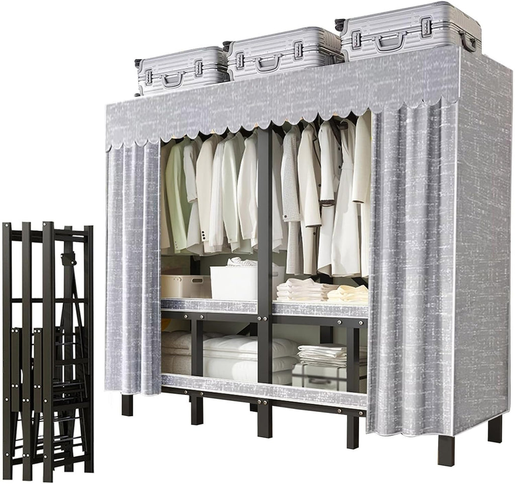 Wardrobe Clothes Organizer, Heavy Duty Garment Rack With Fabric Cover And 2 Hanging Rods, Portable Foldable Wardrobe Closet, 50cm Large Capacity Extra Wide Clothes Closets, Load 2000 Lbs(168x50x170cm)