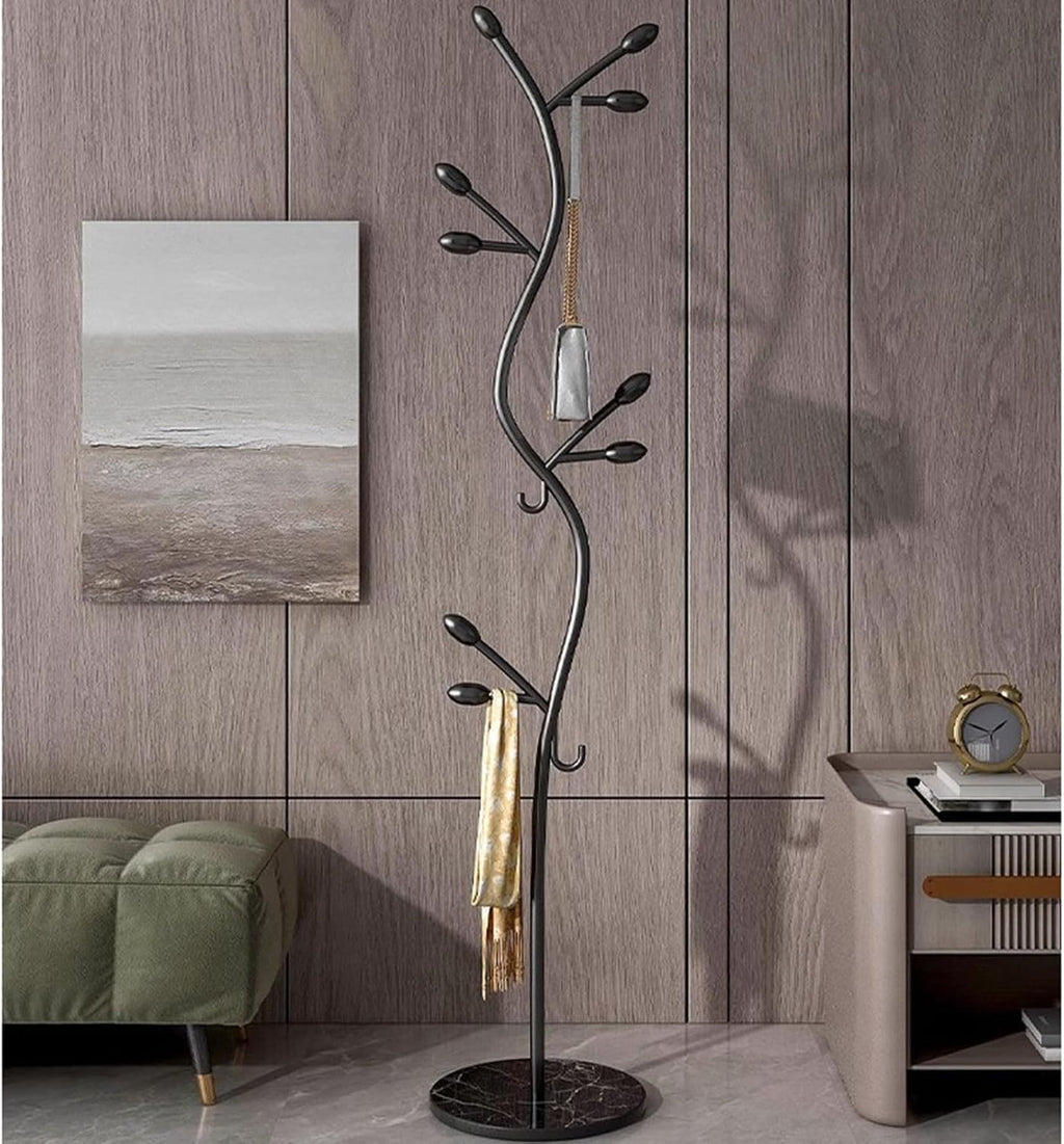 Garment Rack Freestanding Small Modern Coat Rack With Round Marble Base, Entryway Metal Coats Hanger Stand With 8 Hooks For Bedroom And Office, Save Space, 35X175CM(Color:Black)