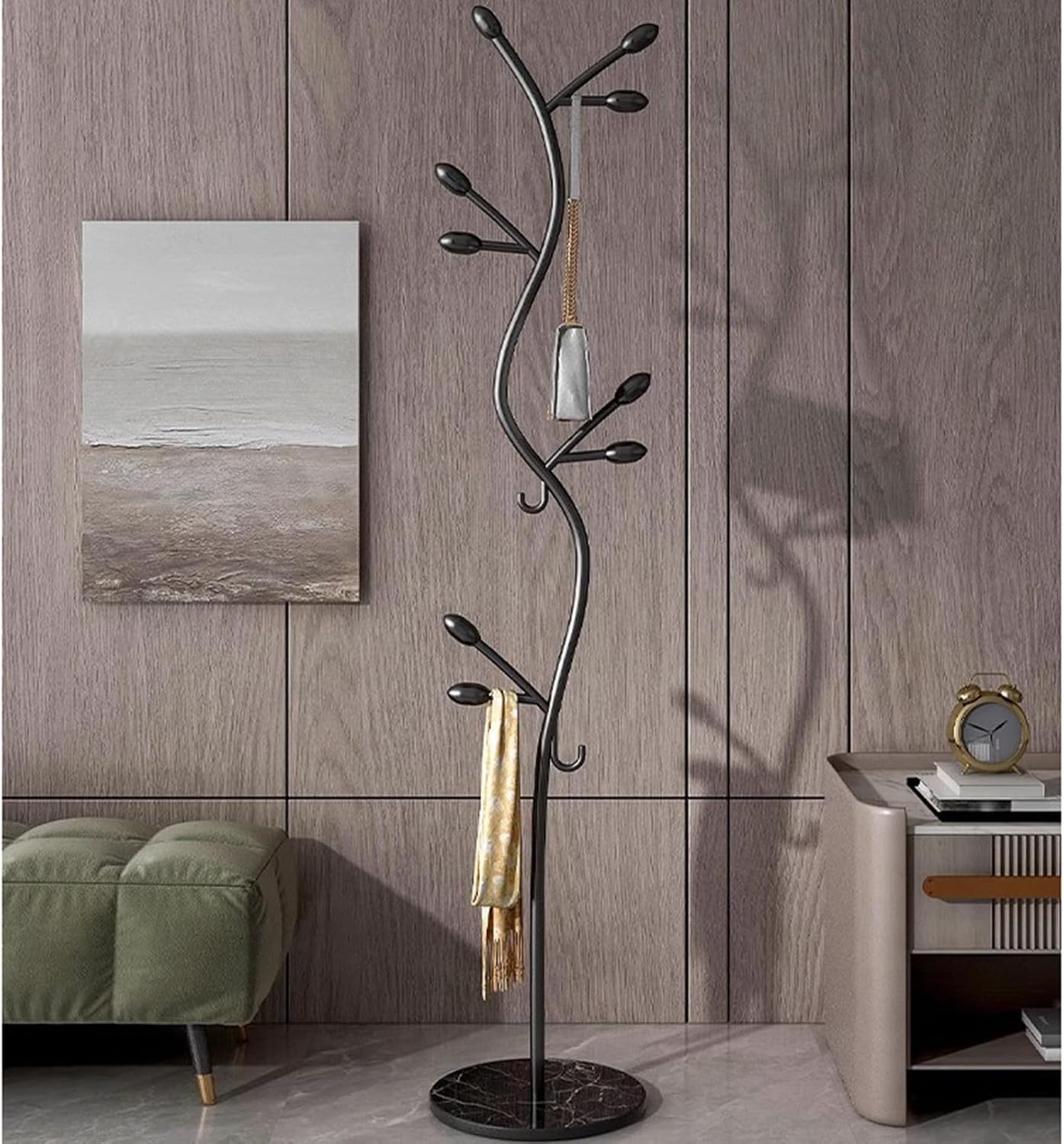 Garment Rack Freestanding Small Modern Coat Rack With Round Marble Base, Entryway Metal Coats Hanger Stand With 8 Hooks For Bedroom And Office, Save Space, 35X175CM(Color:Black)