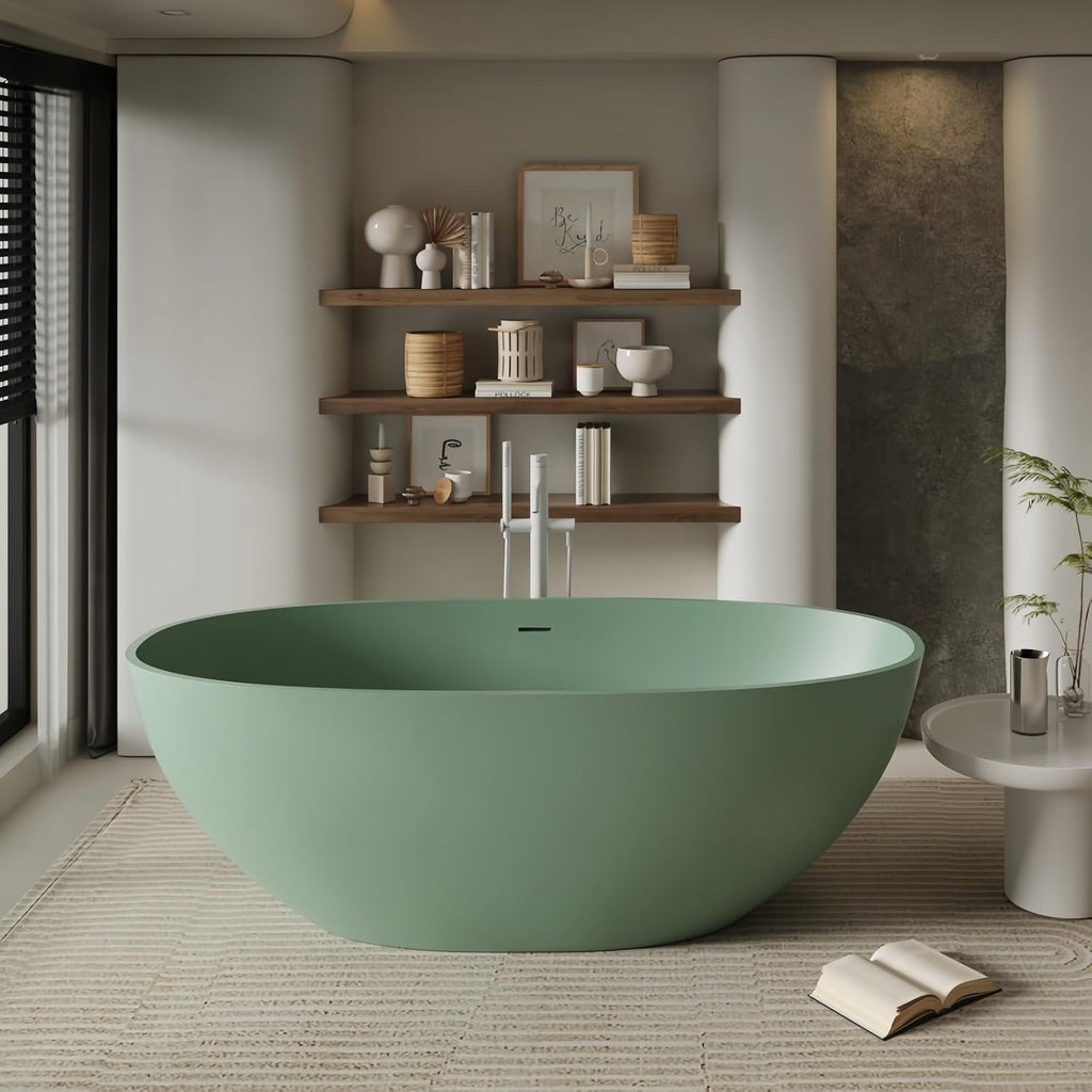 72' Edeyeu Freestanding Bathtub - Oval Deep Soaking Tub with Engineered Stone Build, Ergonomic Backrest and Heat-Retaining Layers, Luxury Solid Surface Bathtub for Modern Bathrooms Green