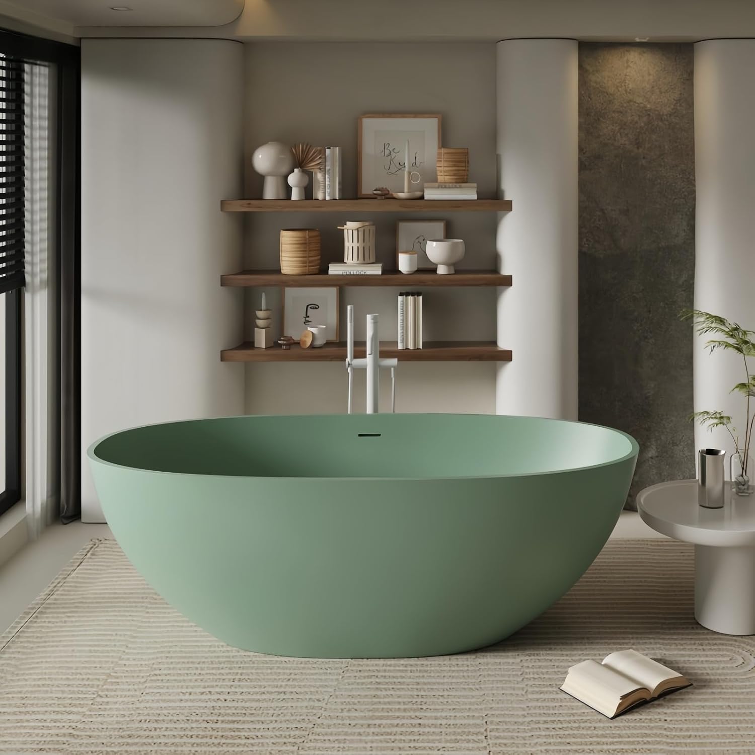 72' Edeyeu Freestanding Bathtub - Oval Deep Soaking Tub with Engineered Stone Build, Ergonomic Backrest and Heat-Retaining Layers, Luxury Solid Surface Bathtub for Modern Bathrooms Green