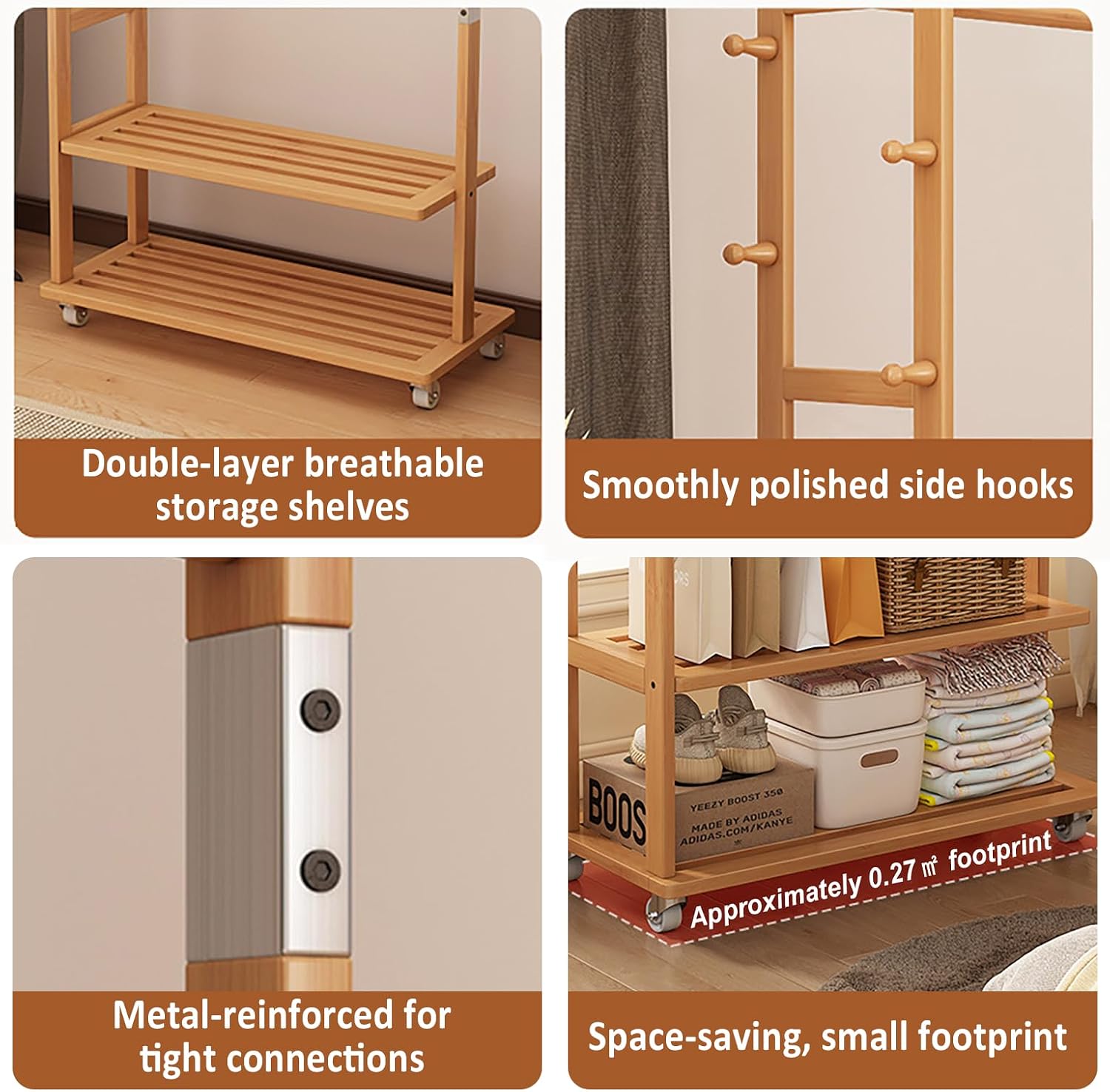 Solid Wood Clothing Rack, Heavy Duty Clothes Racks with Wheels, Rolling Garment Rack with 2 Shelves Storage, for Hallway Bedroom Living Room Entryway (Natural wood color, Large)