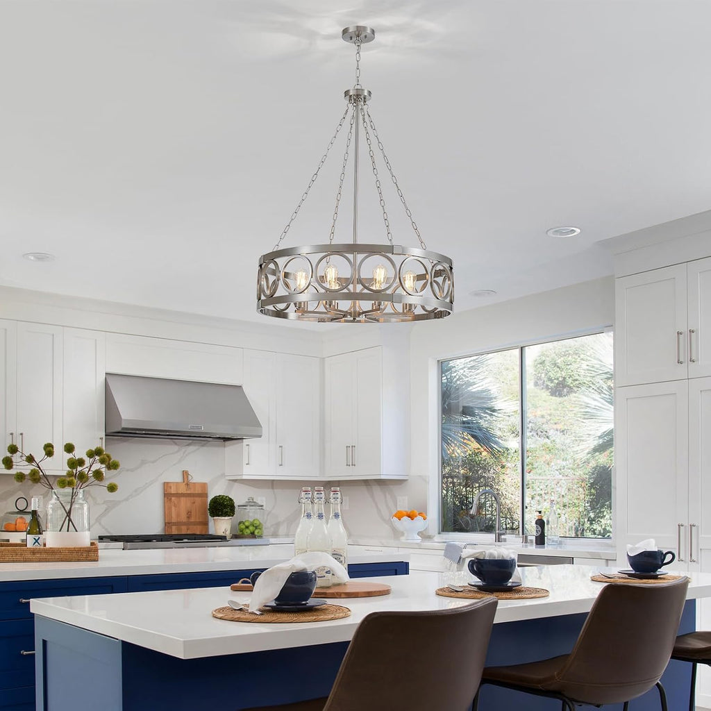 XINGQI 32.3' Large Brushed Nickel Drum Chandelier Modern 8-Light Rustic Farmhouse Round Pendant Lighting Fixture for Dining Room Living Room Office Kitchen Island