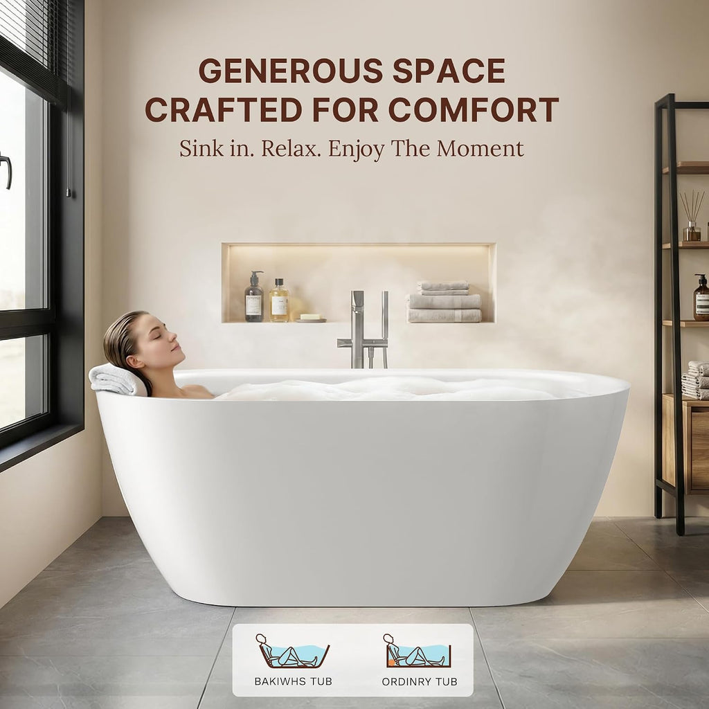 59' Free Standing Tub, Modern Deep Soaking Tub, Acrylic Stand Alone Bath Tub for Bathroom, Freestanding Bathtub with Integrated Overflow & Pop-Up Drain, cUPC Certified, Glossy White Finish