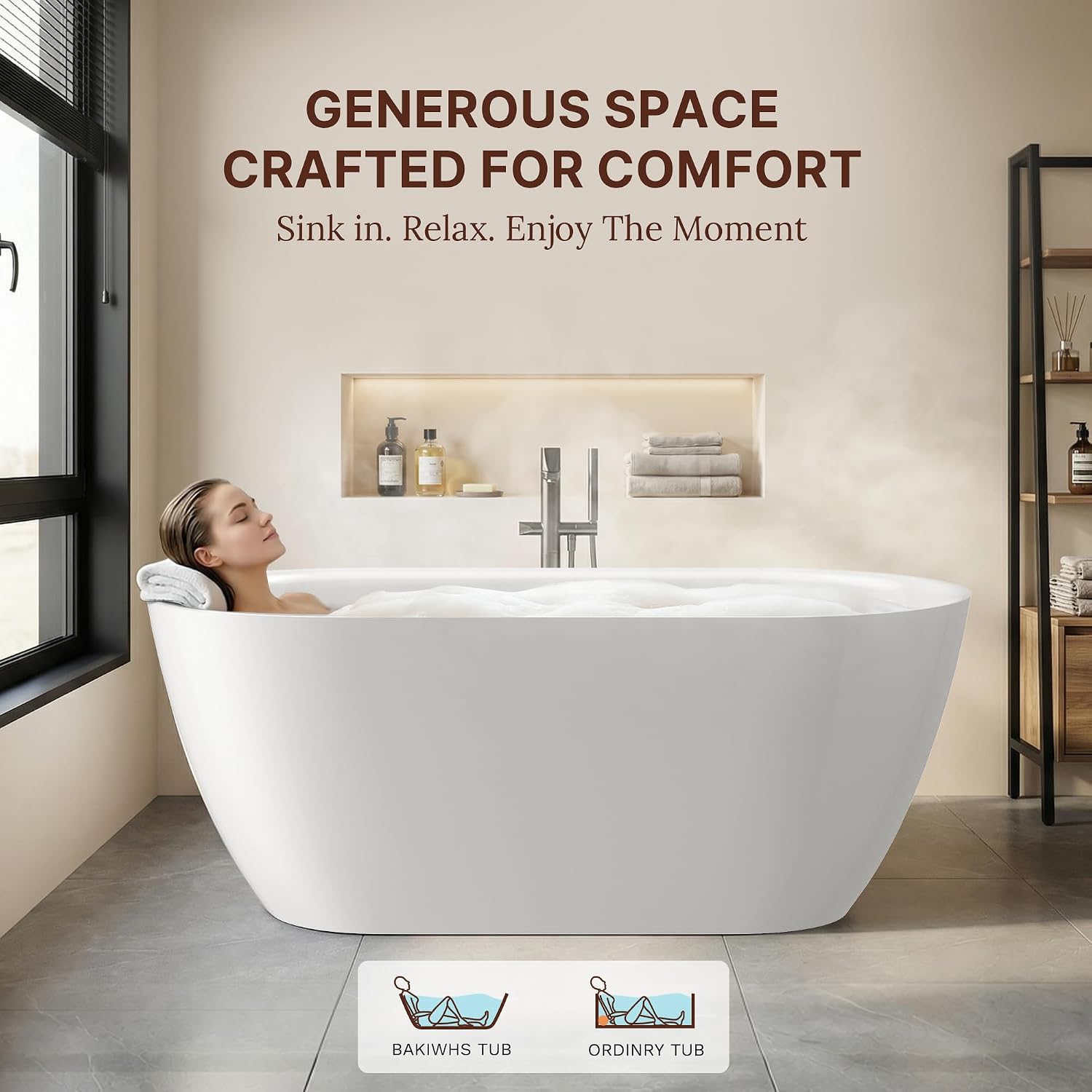 59' Free Standing Tub, Modern Deep Soaking Tub, Acrylic Stand Alone Bath Tub for Bathroom, Freestanding Bathtub with Integrated Overflow & Pop-Up Drain, cUPC Certified, Glossy White Finish