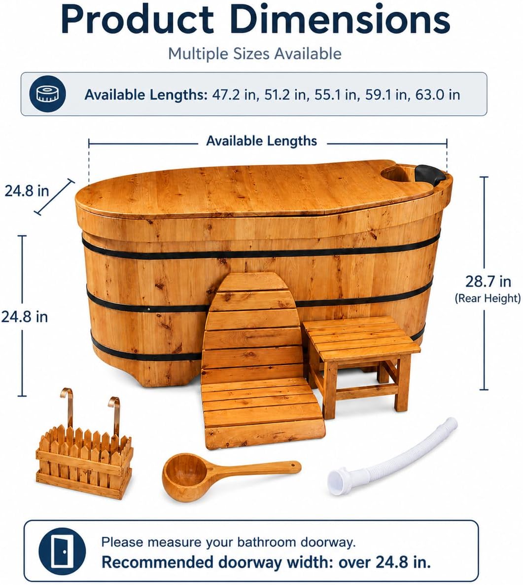 Multiple Sizes Soaking Tub Cedar Wood To Make An Adult Wooden Bathtub With Multiple Accessories To Combine Bathing Japanese Wooden Bathtubs (Natural Wood Color - Standard Package, 47.24 IN)