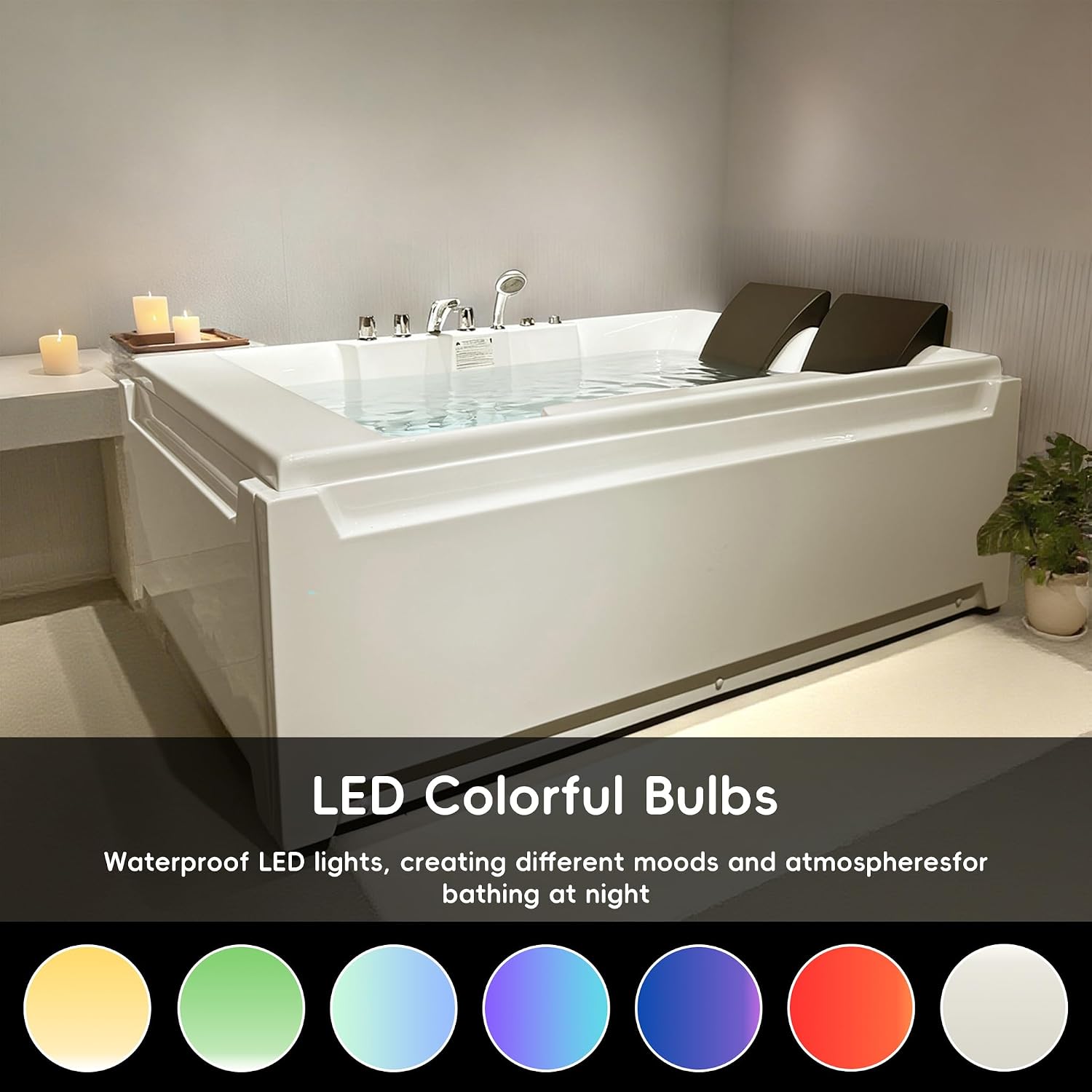 72'x48' Acrylic Jetted Tubs with 8 Whirlpool Nozzles, 2 Person Massage Whirlpool Bathtub with Pillows, 3 Sided Apron Design, Hydro Massage, Color-Changing LED Lights Chromatherapy, Left Drain