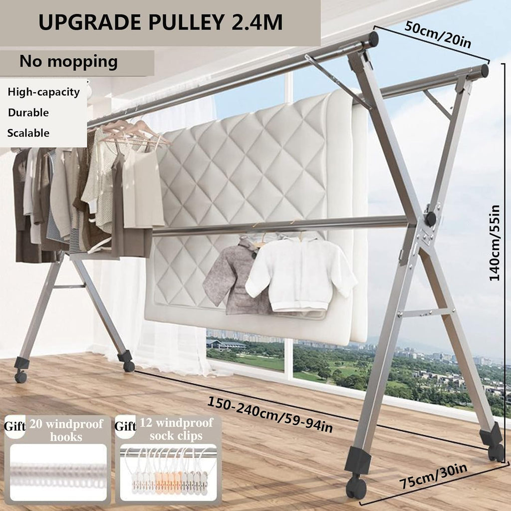 Adjustable Foldable Clothes Drying Rack, Collapsible Stainless Steel Garment Rack, Space-Saving Retractable Clothes Rail for Indoor & Outdoor Use, 2.4m Long