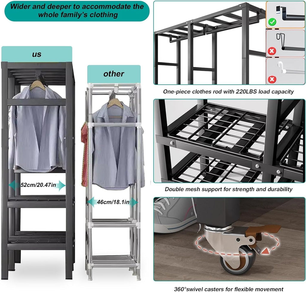 Foldable Wheeled Clothes Rack - Portable Heavy Duty Wardrobe Closet, Load 2000lbs/With Cover Bedroom Armoires Freestanding Clothing Coat Storage Rack Rolling Garment Rack For Hanging Clothes ( Size :