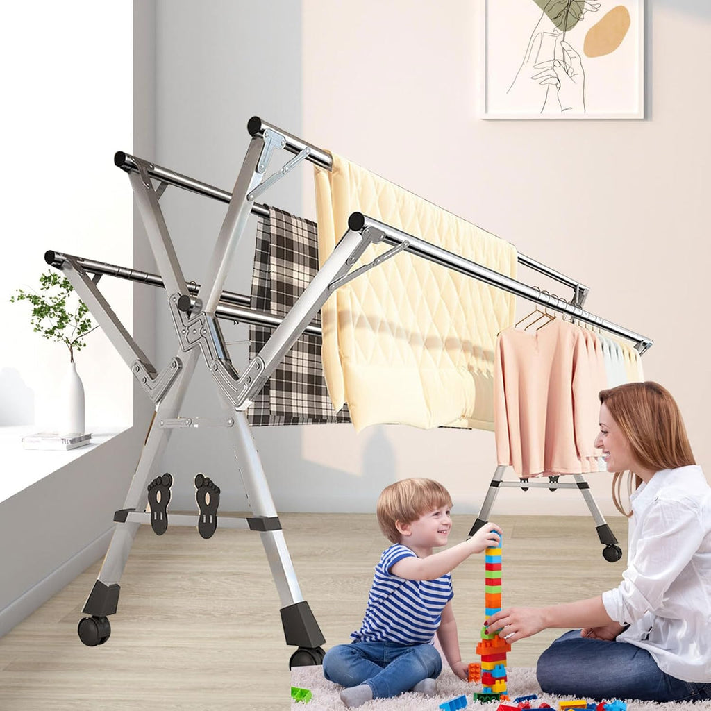 Portable Clothes Drying Rack Outdoor, Garment Rack On Wheels, Laundry Stand Organizer Stainless Steel, Clothes Drying Racks for Laundry Collapsible (160cm/63in)