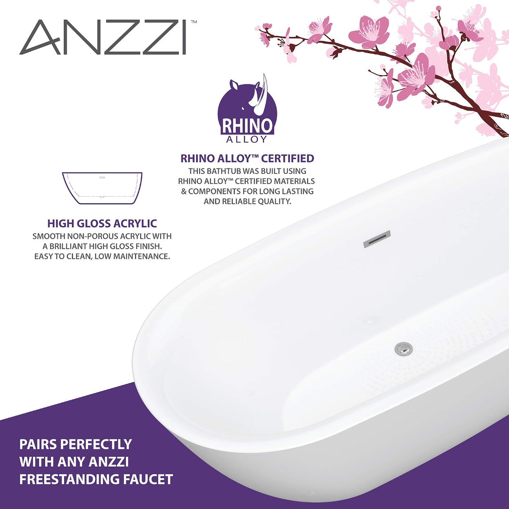 ANZZI Freestanding Bathtub Acrylic 59 In Flat Bottom Soaking Tub Glossy White One Piece Center Drain Overflow Included Slip Resistant Floor Adjustable Feet 79 Gal Capacity Ami Series | FT-AZ401-59