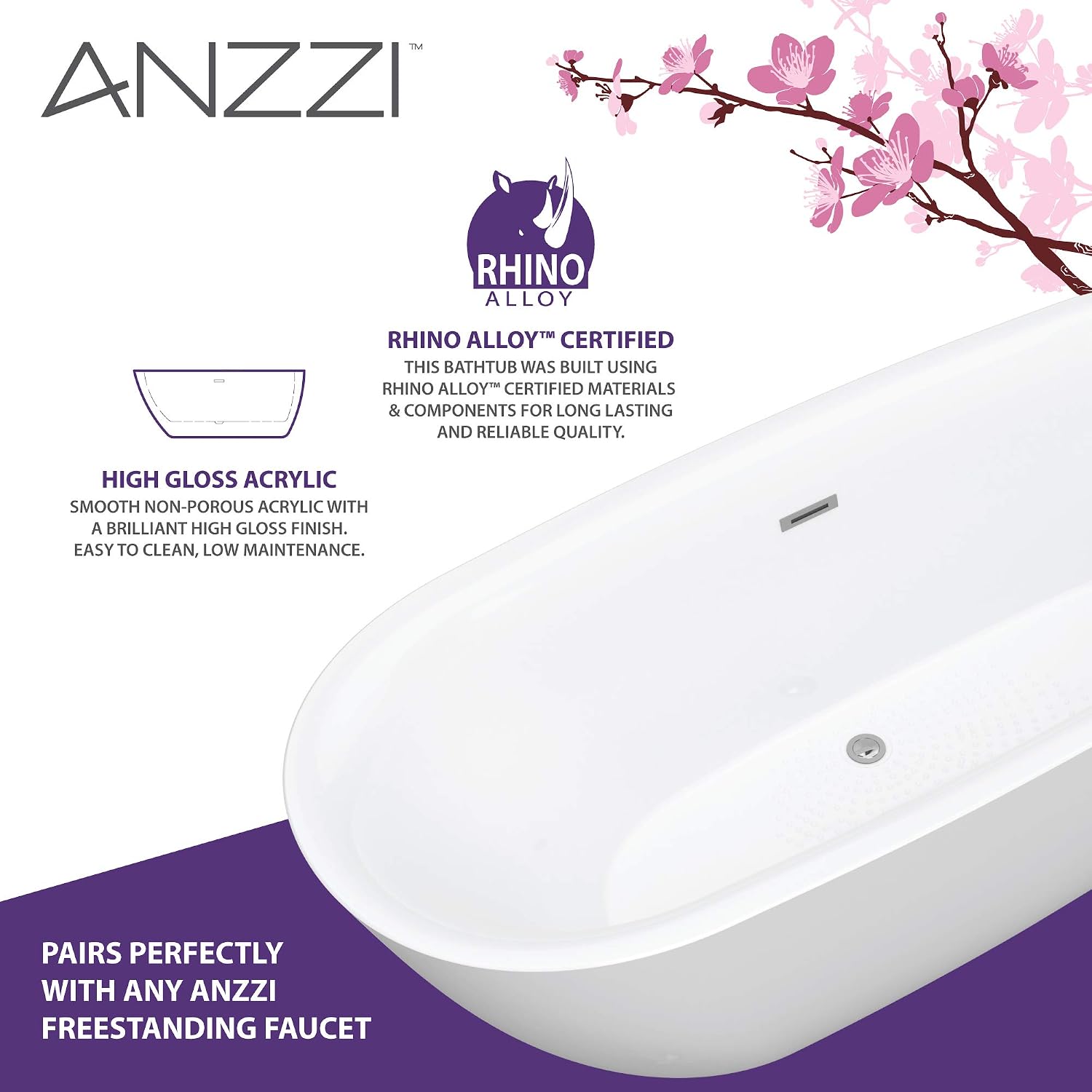 ANZZI Freestanding Bathtub Acrylic 59 In Flat Bottom Soaking Tub Glossy White One Piece Center Drain Overflow Included Slip Resistant Floor Adjustable Feet 79 Gal Capacity Ami Series | FT-AZ401-59