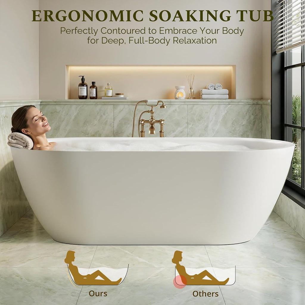 67' Freestanding Bathtub, Modern Oval Acrylic Soaking Tub with Overflow & Shower Function, Deep Standalone Tub with cUPC Certification, Double-Walled Insulation, (White 67Inch)