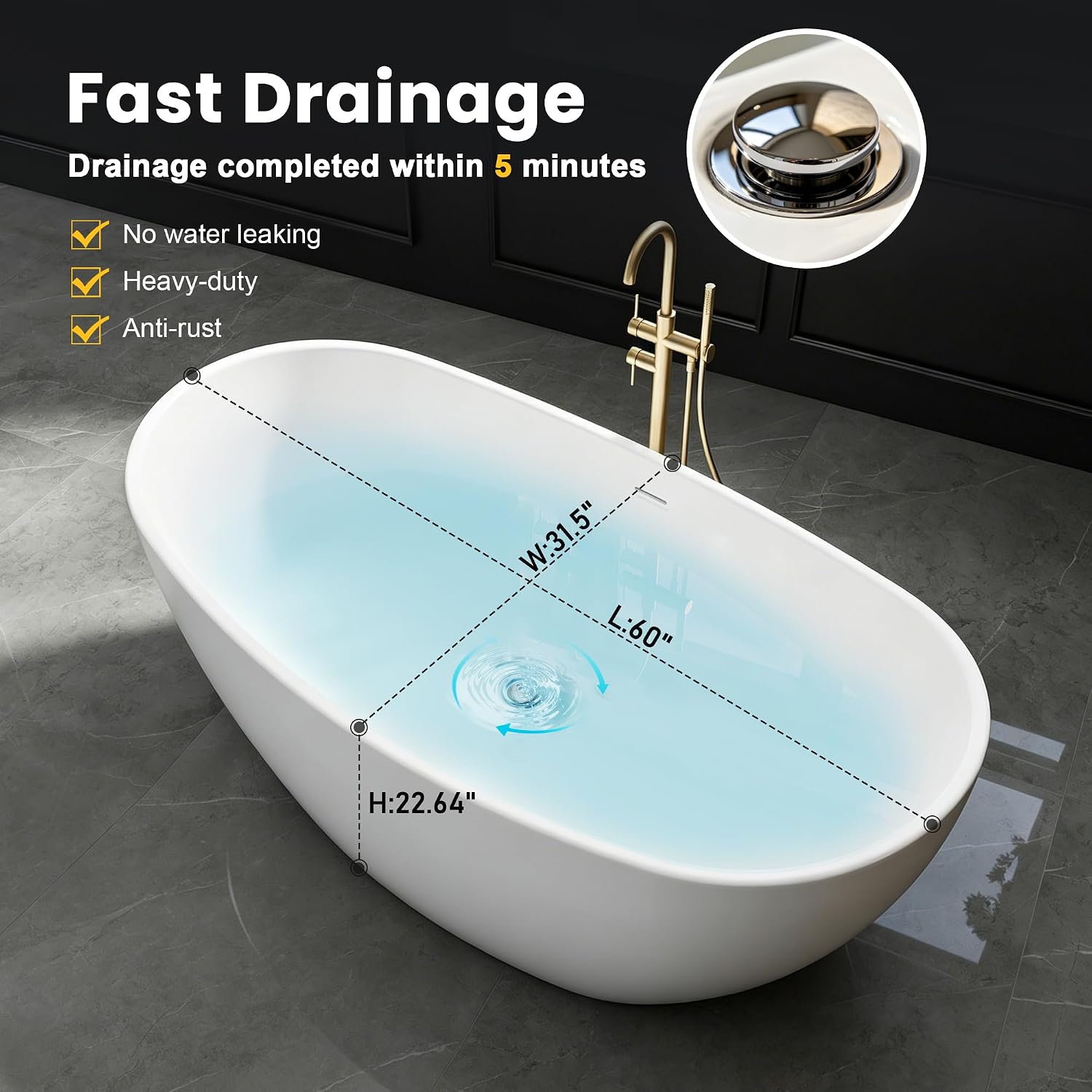 60' Acrylic Free Standing Tub, Freestanding Bathtub, Stand Alone Tub, Soaking Tubs for Bathroom, Integrated Overflow and Drain, cUPC Certified, Gloss White