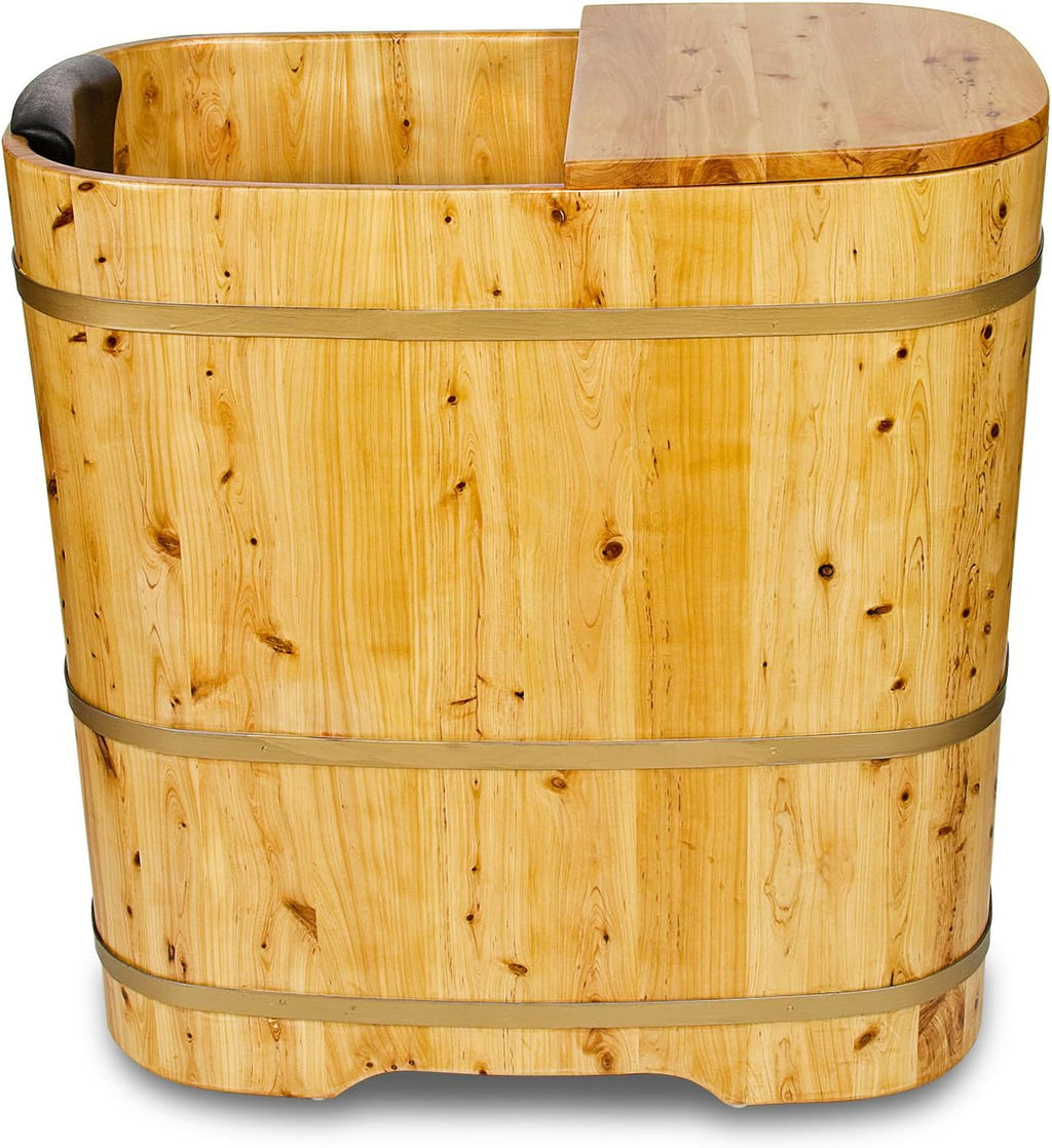 With Lid Japanese Soaking Tub Handcrafted Cedar Freestanding Wooden Bathtub Deep Soaking Tub Small Bathroom Tub Space Saving and Easy to Move STB03901 34' Hot Tub