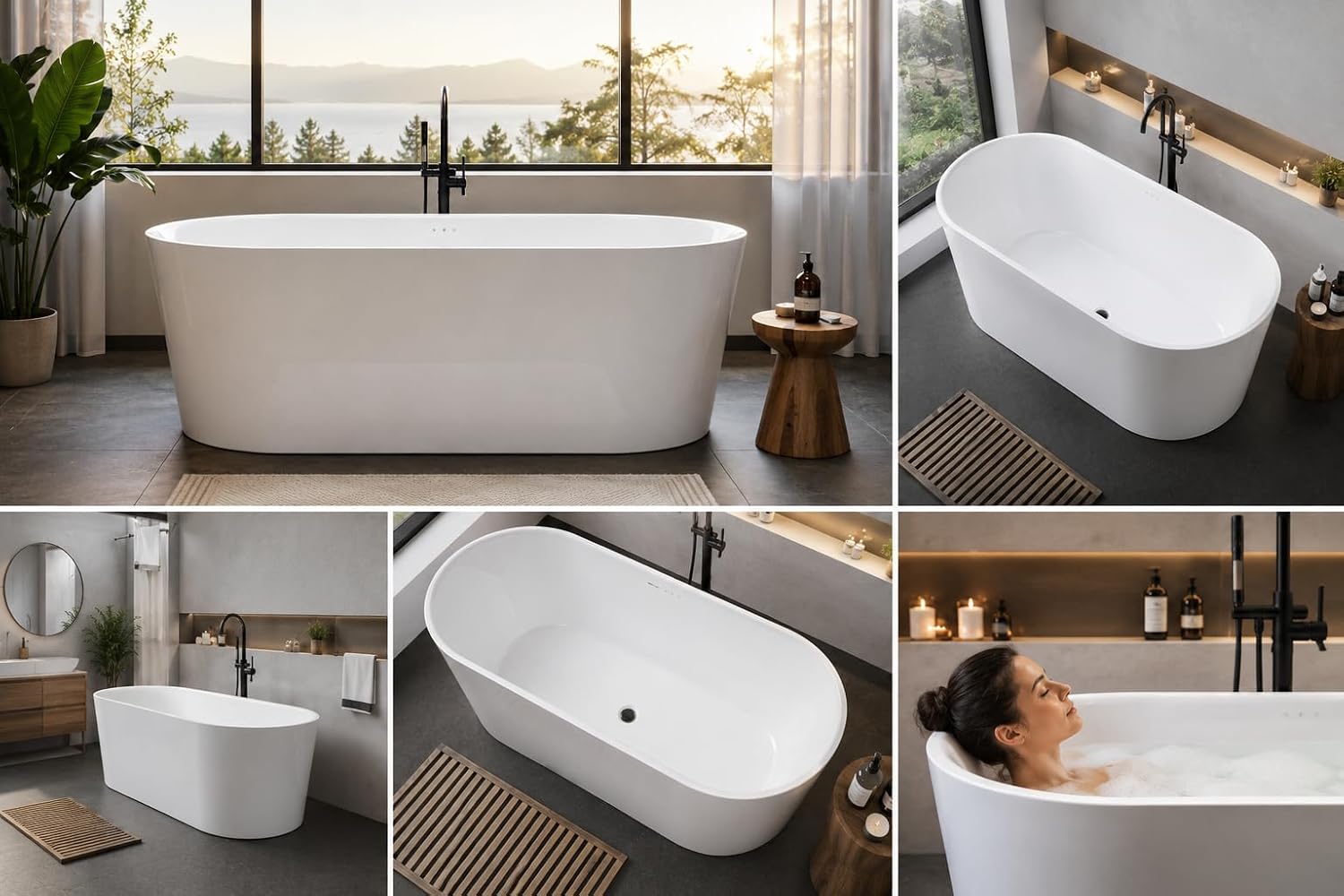 ANZZI Whirlpool Freestanding Bathtub 67 Inch Jericho Series Air Jetted Acrylic Glossy White, 200+ Bubble Jets, 4 Chroma-Therapeutic Lights, Center Drain, 80 gal, Overflow, Pop-Up Drain | FT-AZ067