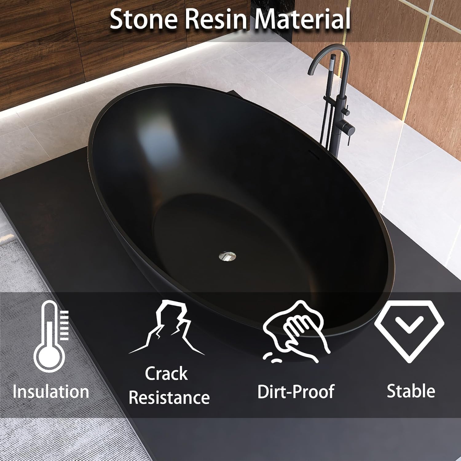 Oval 67' Freestanding Tub, Solid Surface Bathtub Matte Black | Stone Resin, Overflow and Pop up Drain, Solid Surface Bathroom Soaking Tub, Cupc Certified, Contemporary