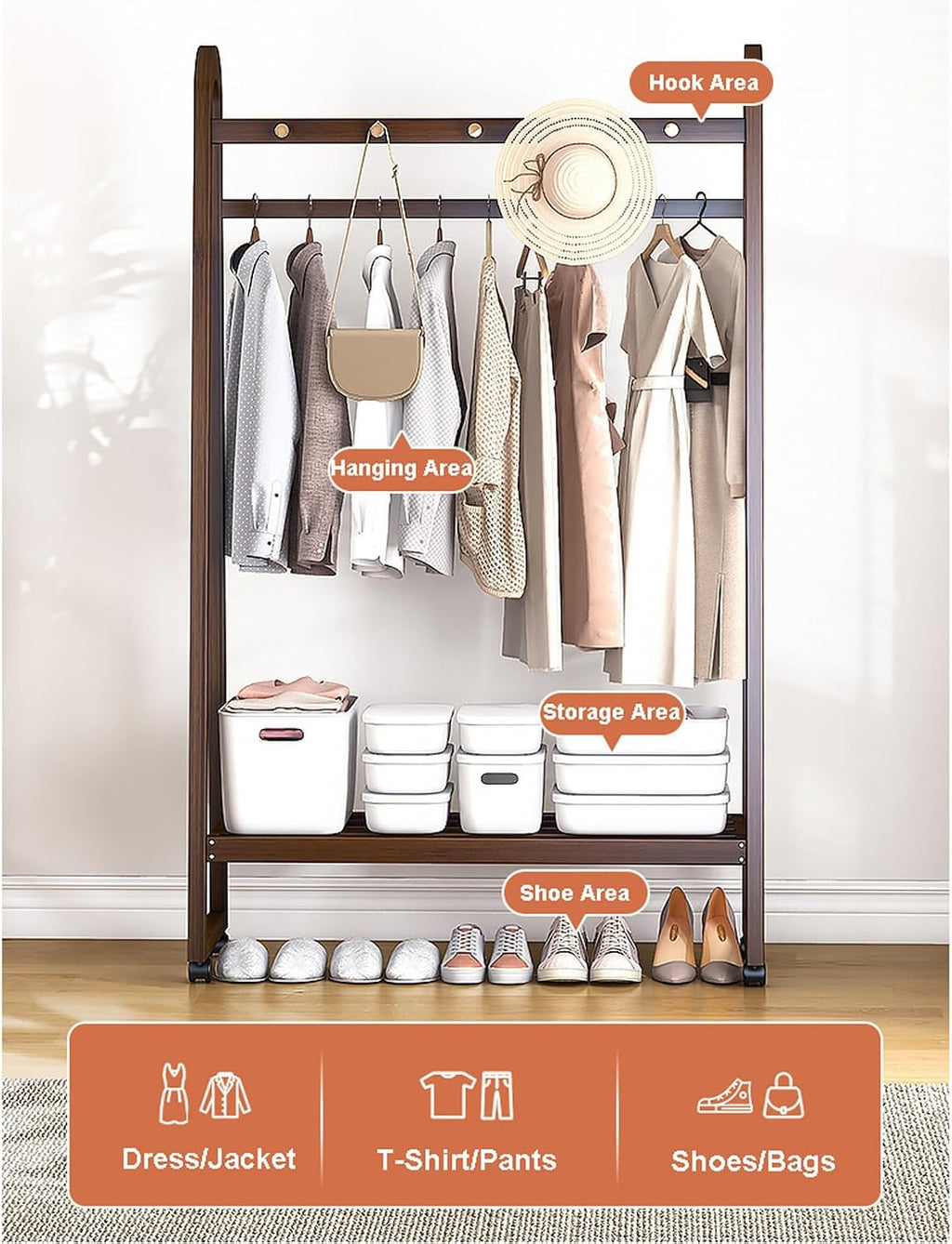 Bamboo Clothes Rack Freestanding Coat Rack Stand Portable Clothing Rack w/Storage Shelf and Hanging Rod Rolling Garment Rack w/Wheels for Entryway