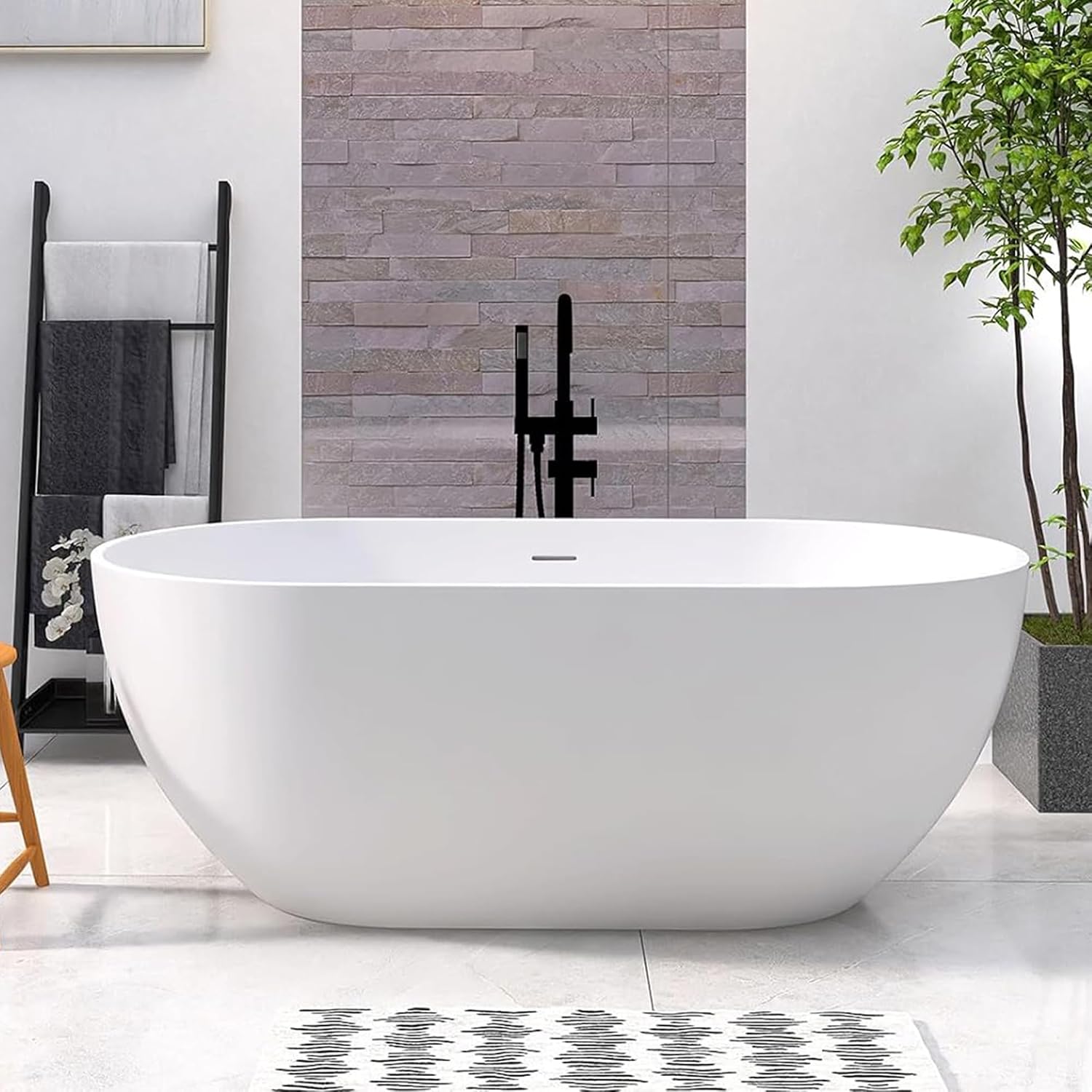 59 Inch Freestanding Bathtub Oval Shaped Solid Surface Resin Stone soaker Freestanding Tubs Matte White Soaking Tub with Overflow and Pop-up Drain (white)307-1500