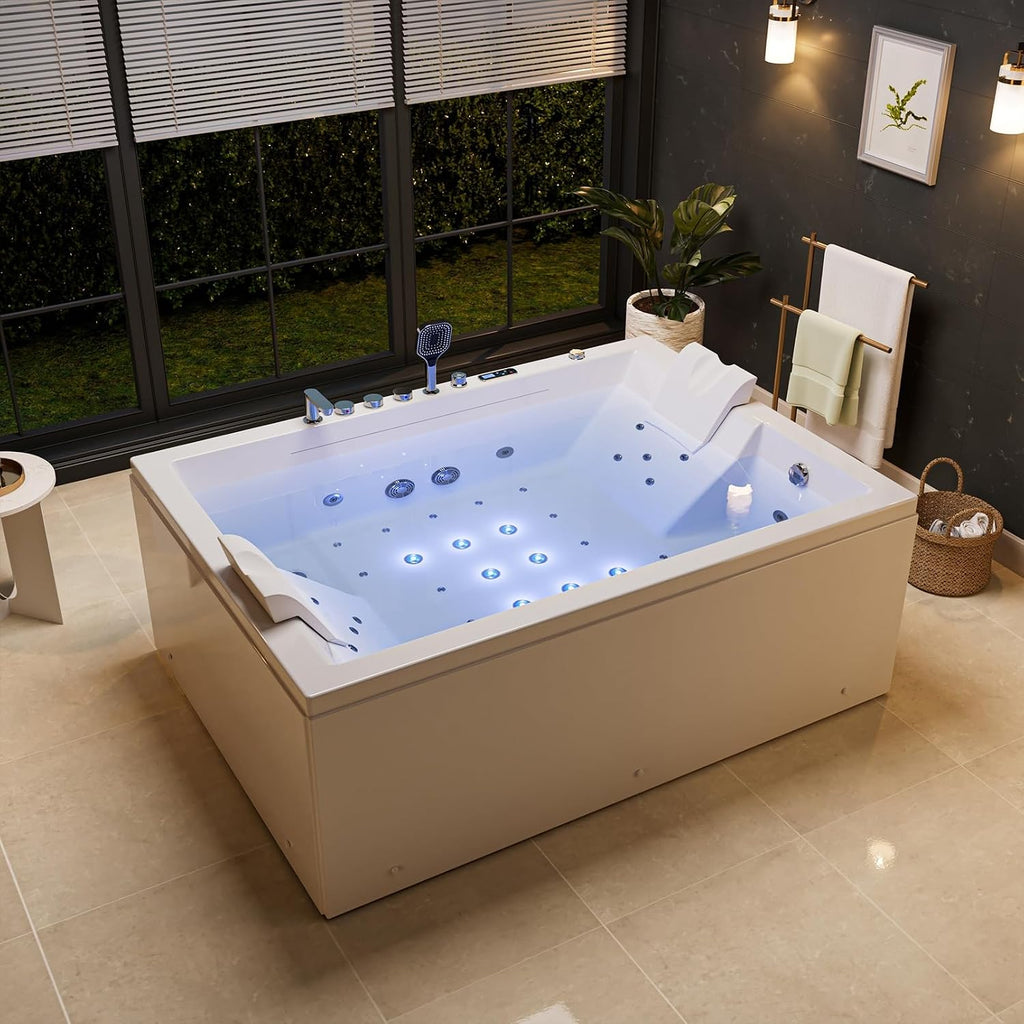 Empava PRO Series 71'x51' Jetted Bathtub, Alcove Spa Tub | 16 Hydro + 24 Air Jets, Chromotherapy & Waterfall | Thermostatic Control, Rectangular Acrylic Whirlpool Bathtub, White (ETL Certified)